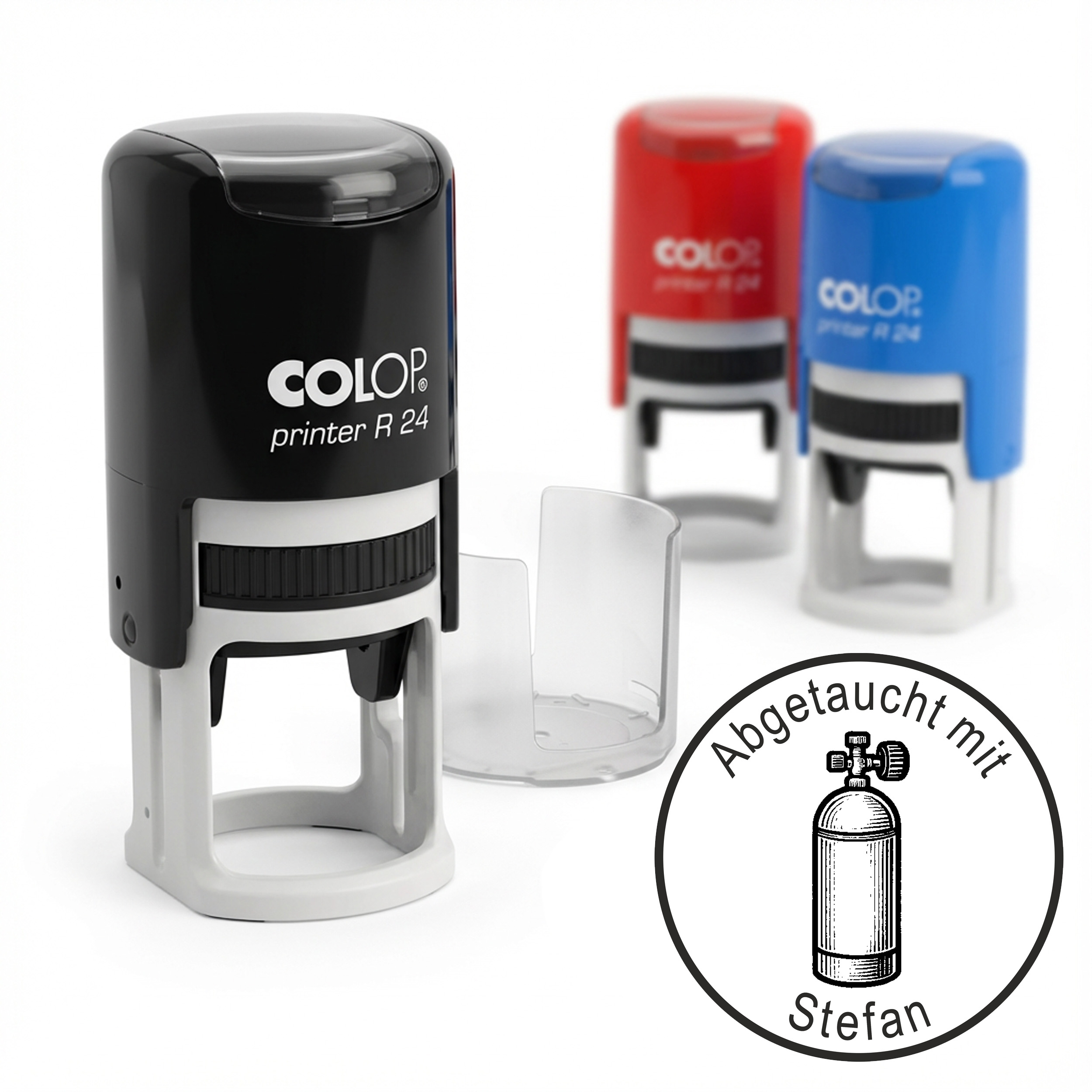 Taucherstempel Taucherflasche 24x24 mm –  runder Stempel personalisiert für Taucherlogbuch, Tauchlogbuch & Tauchbuch