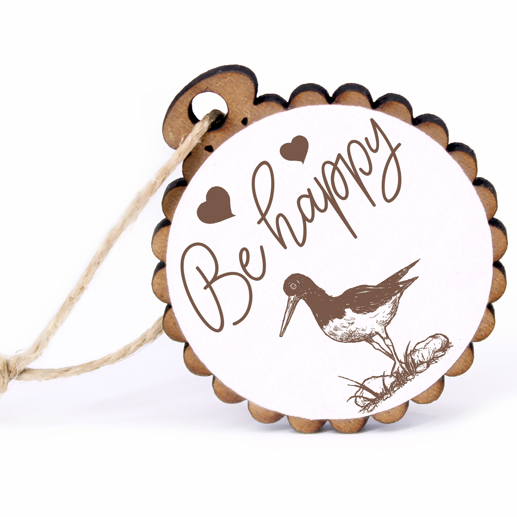 Geschenkanhänger - Be Happy Austernfischer -  Holz Ø-5cm - mit Juteband
