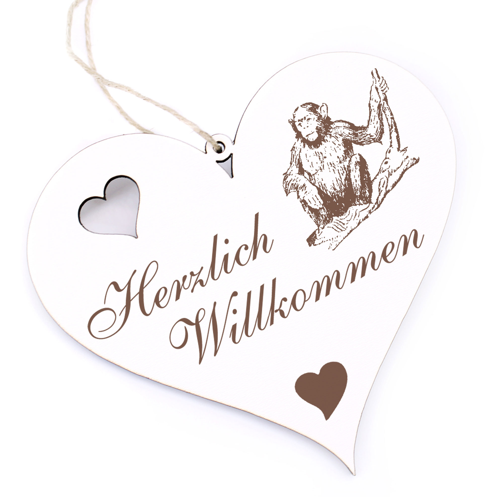 Herzlich Willkommen Schild - Affe auf Ast - Deko Herz Holz