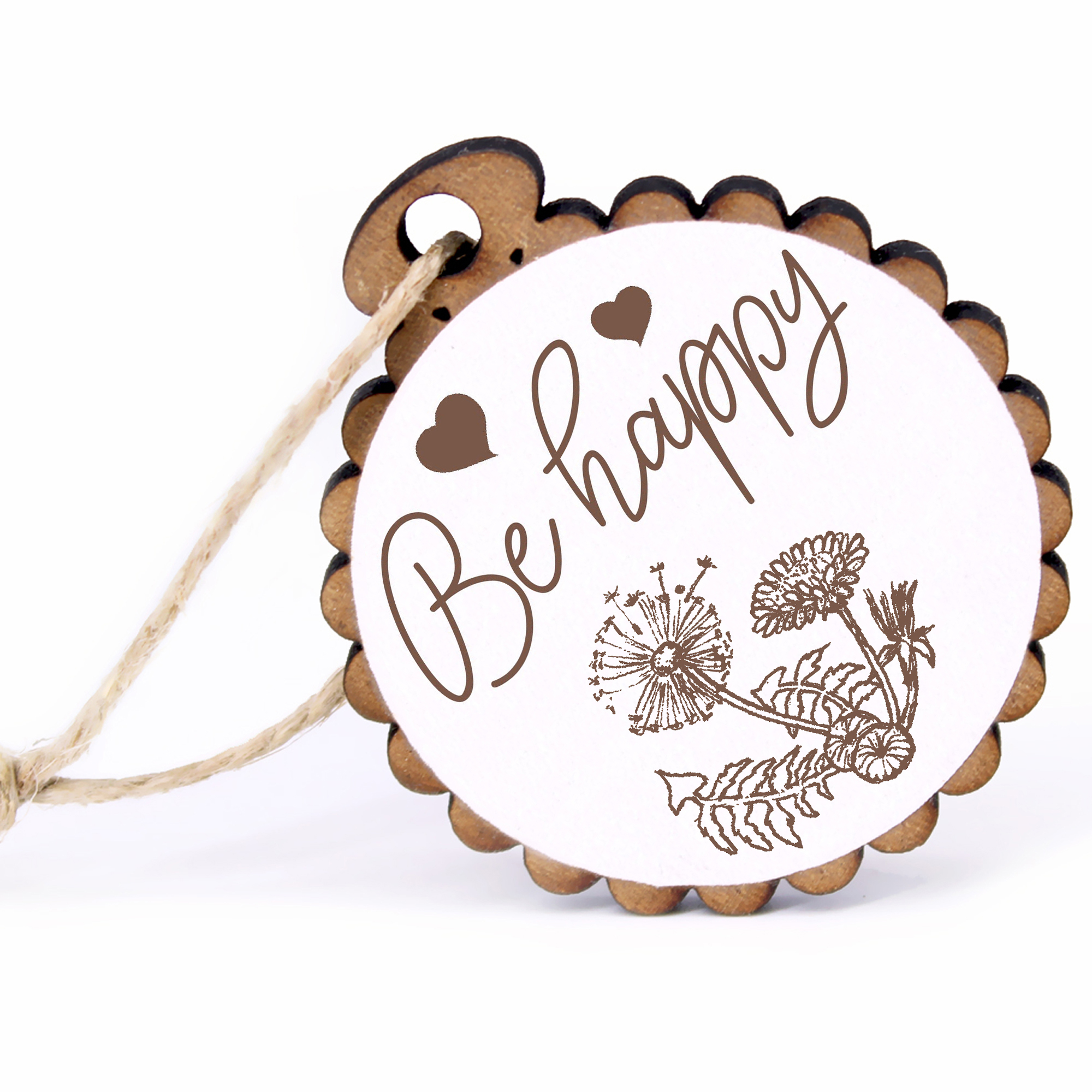 Geschenkanhänger - Be Happy Löwenzahn -  Holz Ø-5cm - mit Juteband