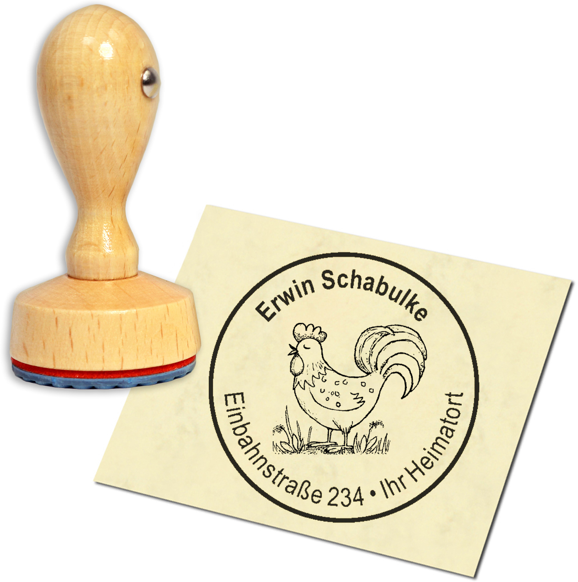Stempel Adressstempel Holzstempel - niedlicher Hahn - rund 40mm