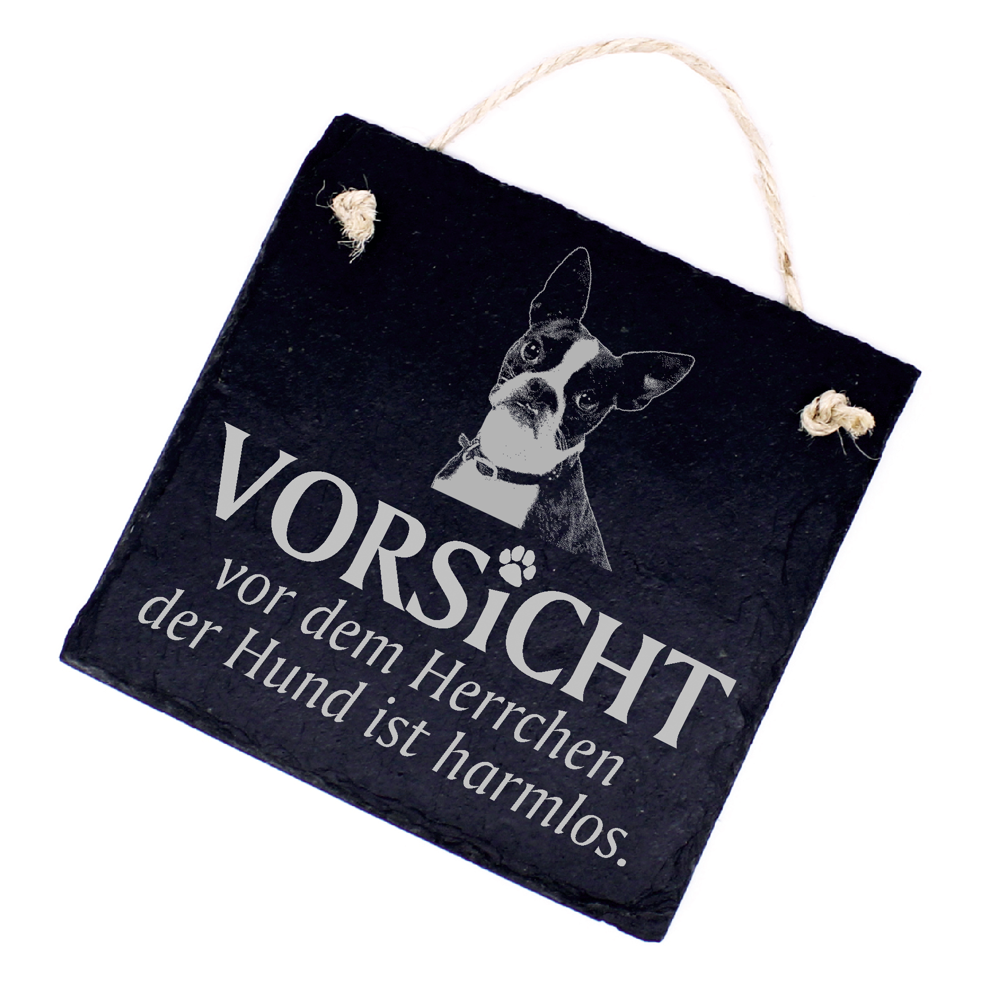 Hundeschild Boston Terrier Schild aus Schiefer - Vorsicht vor dem Herrchen - 11cm x 11cm
