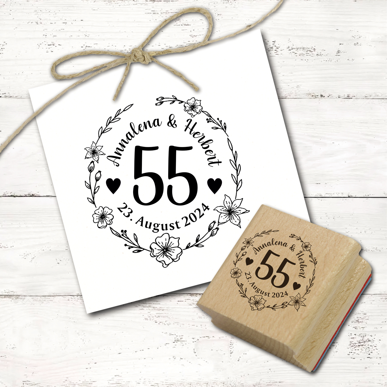 Motivstempel Hochzeit 55.  Hochzeitstag mit Namen, Datum und Zahl 55 Jahre - Blumen Kranz - Abdruck Ø 48 mm