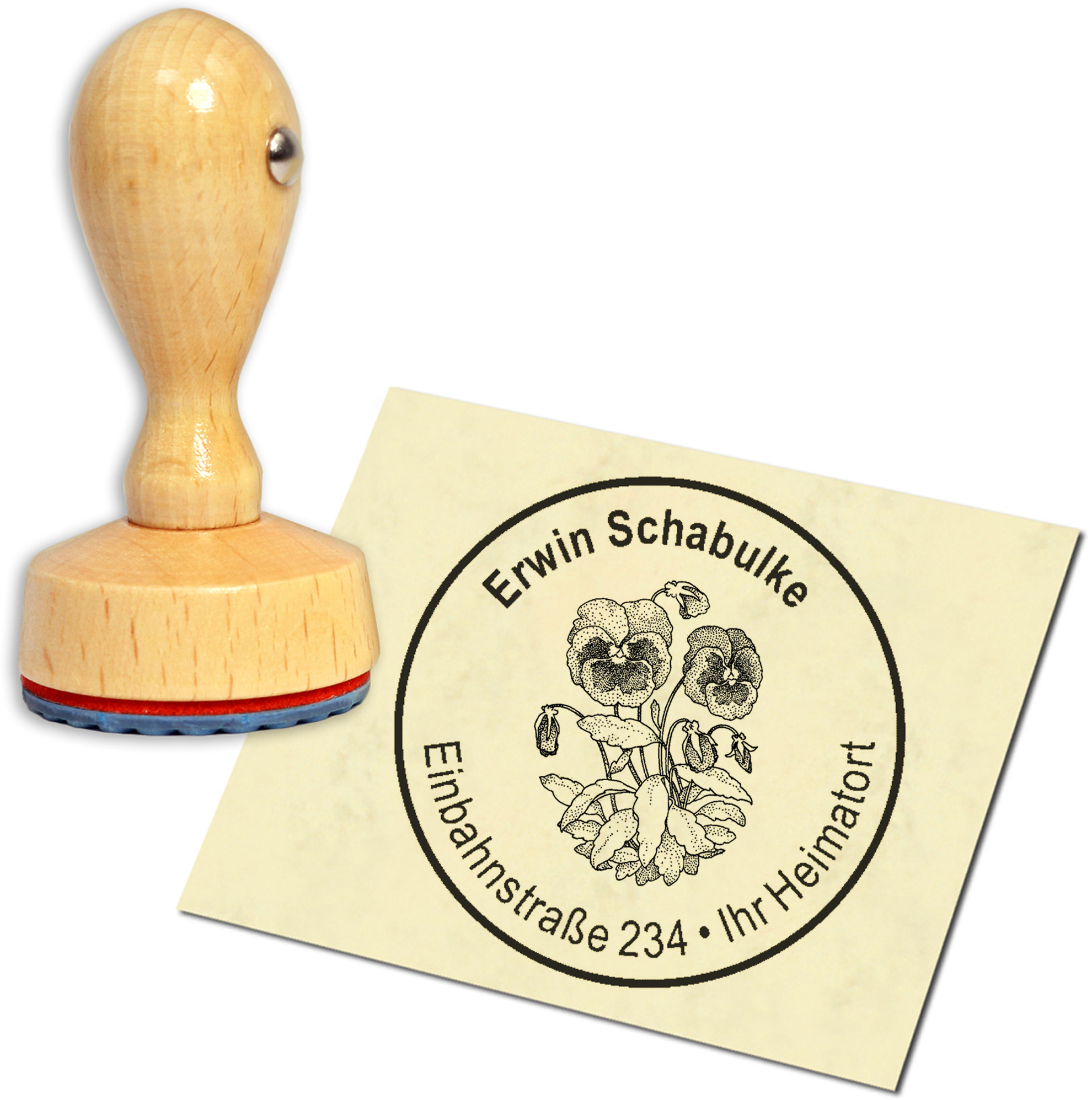 Stempel Adressstempel Holzstempel - Stiefmütterchen - rund 40mm