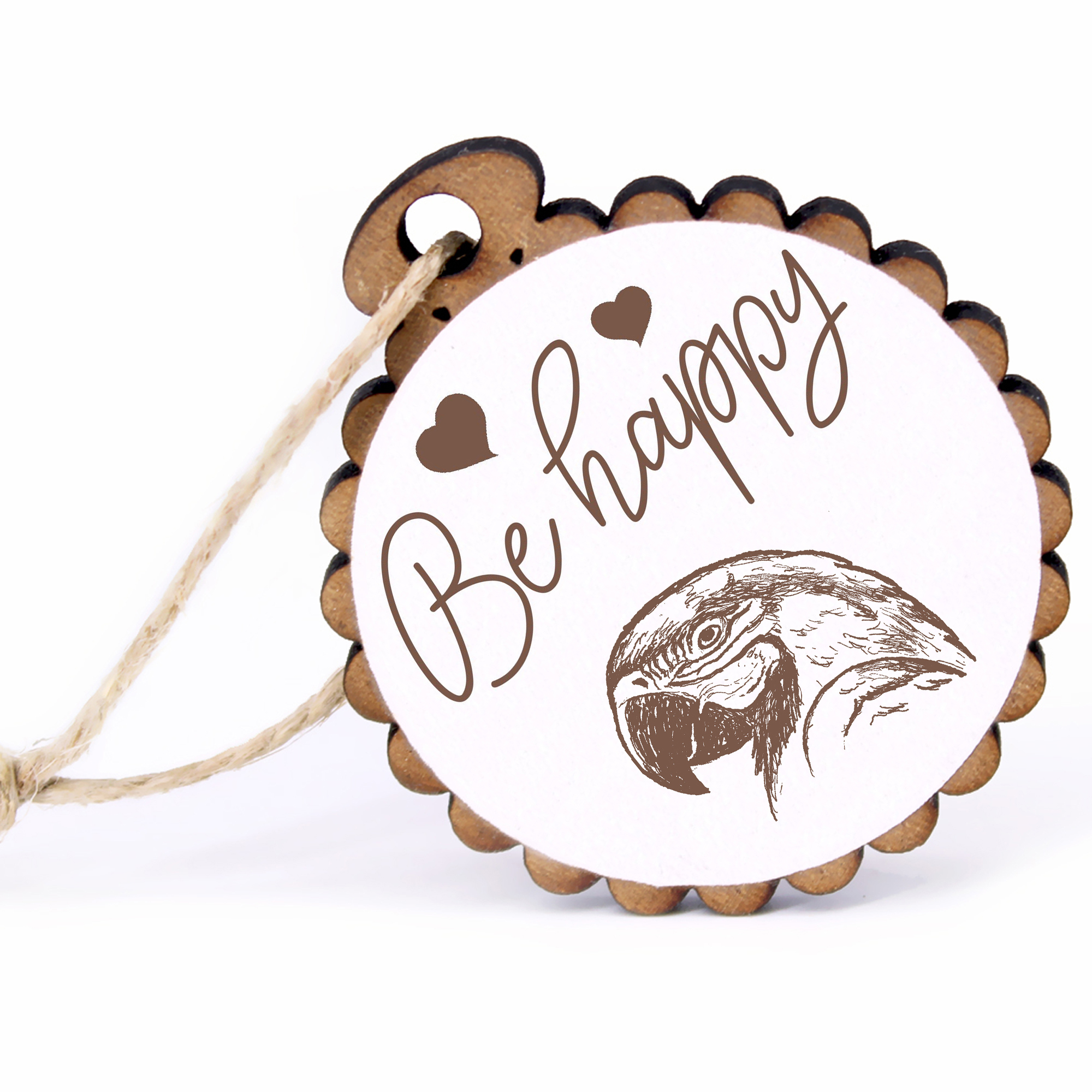 Geschenkanhänger - Be Happy Papagei Ara Kopf -  Holz Ø-5cm - mit Juteband