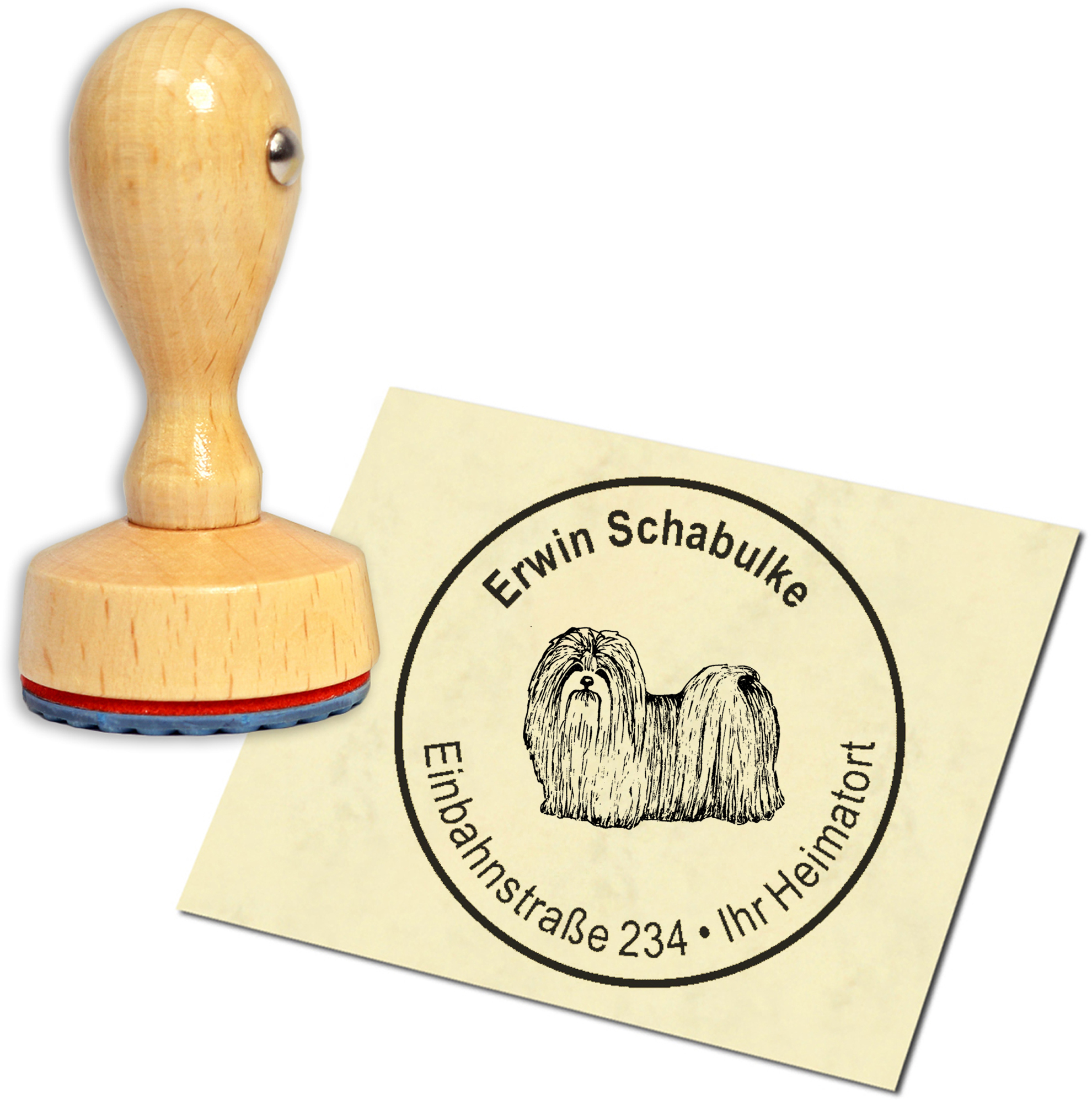 Stempel Adressstempel Holzstempel - Lhasa Apso Löwenhund - rund 40mm