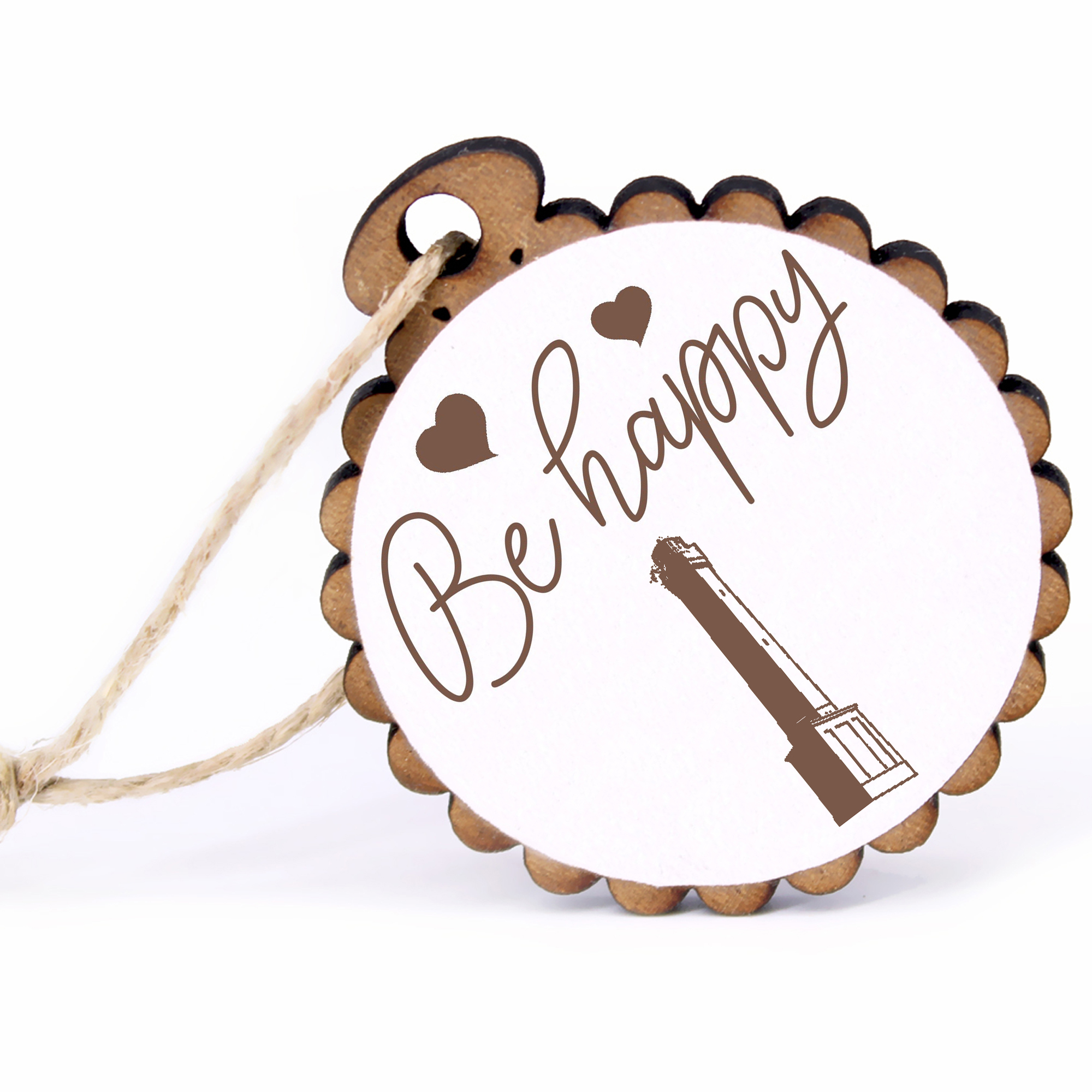Geschenkanhänger - Be Happy Leuchtturm Norderney -  Holz Ø-5cm - mit Juteband