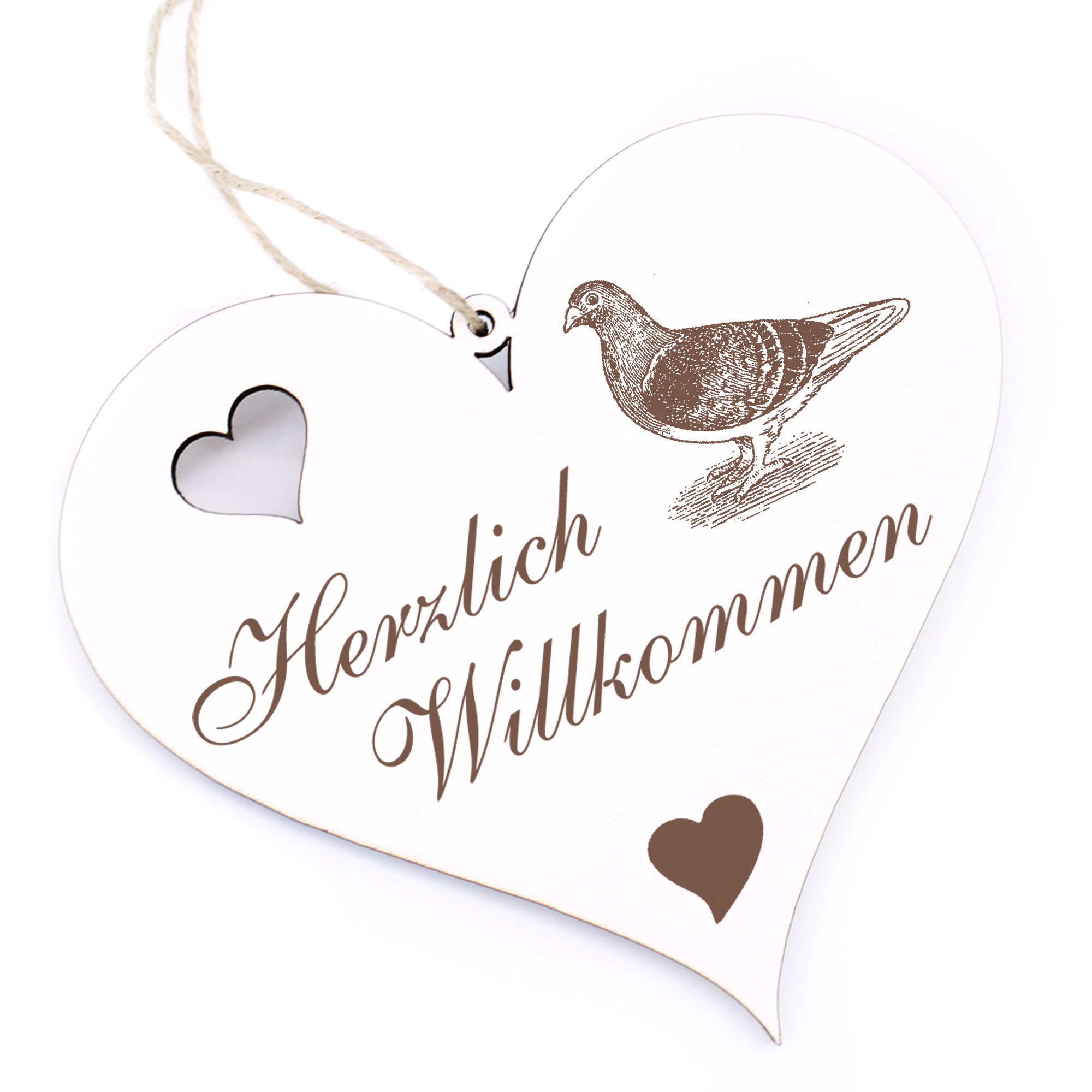 Herzlich Willkommen Schild - Taube - Deko Herz Holz