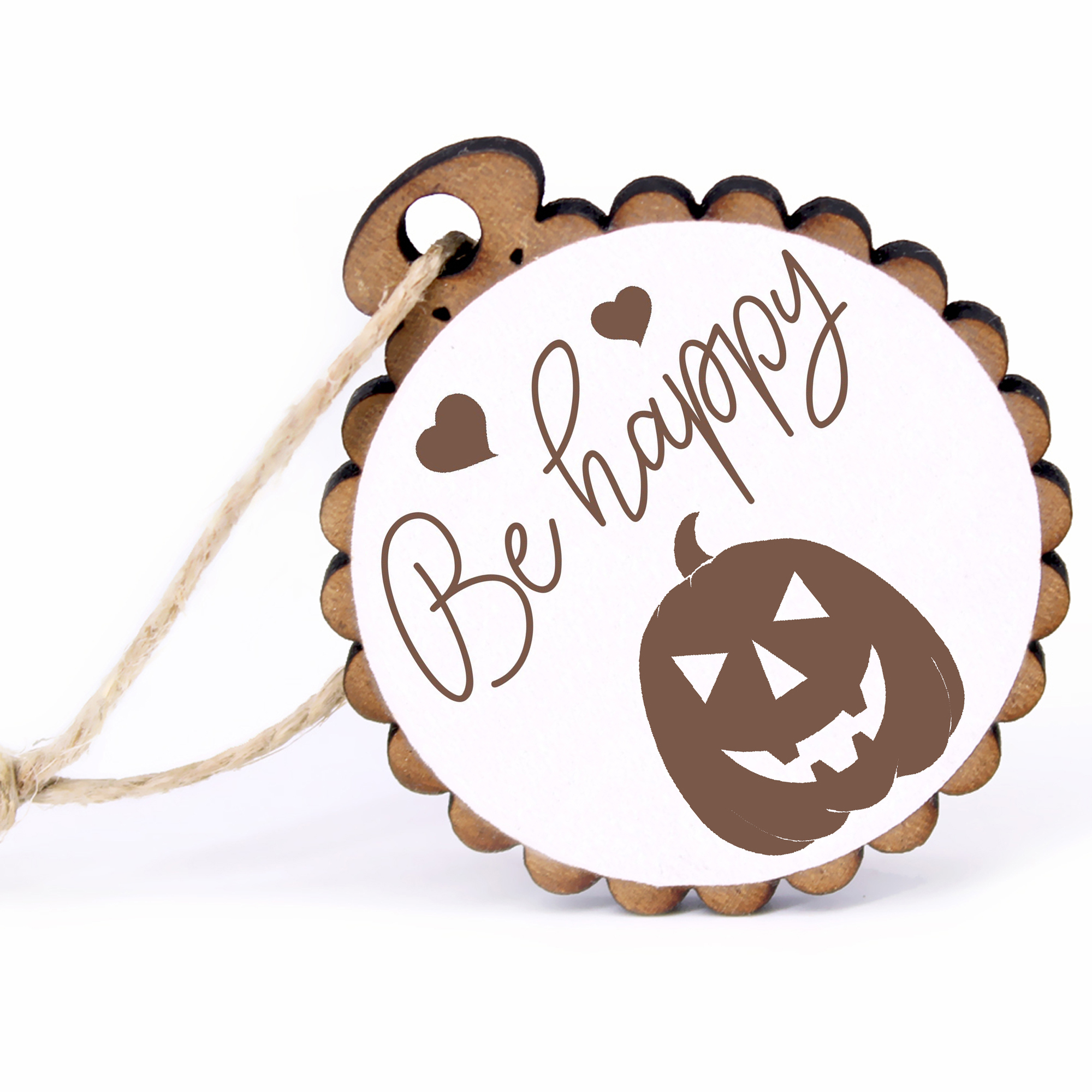 Geschenkanhänger - Be Happy Halloween Kürbiskopf -  Holz Ø-5cm - mit Juteband