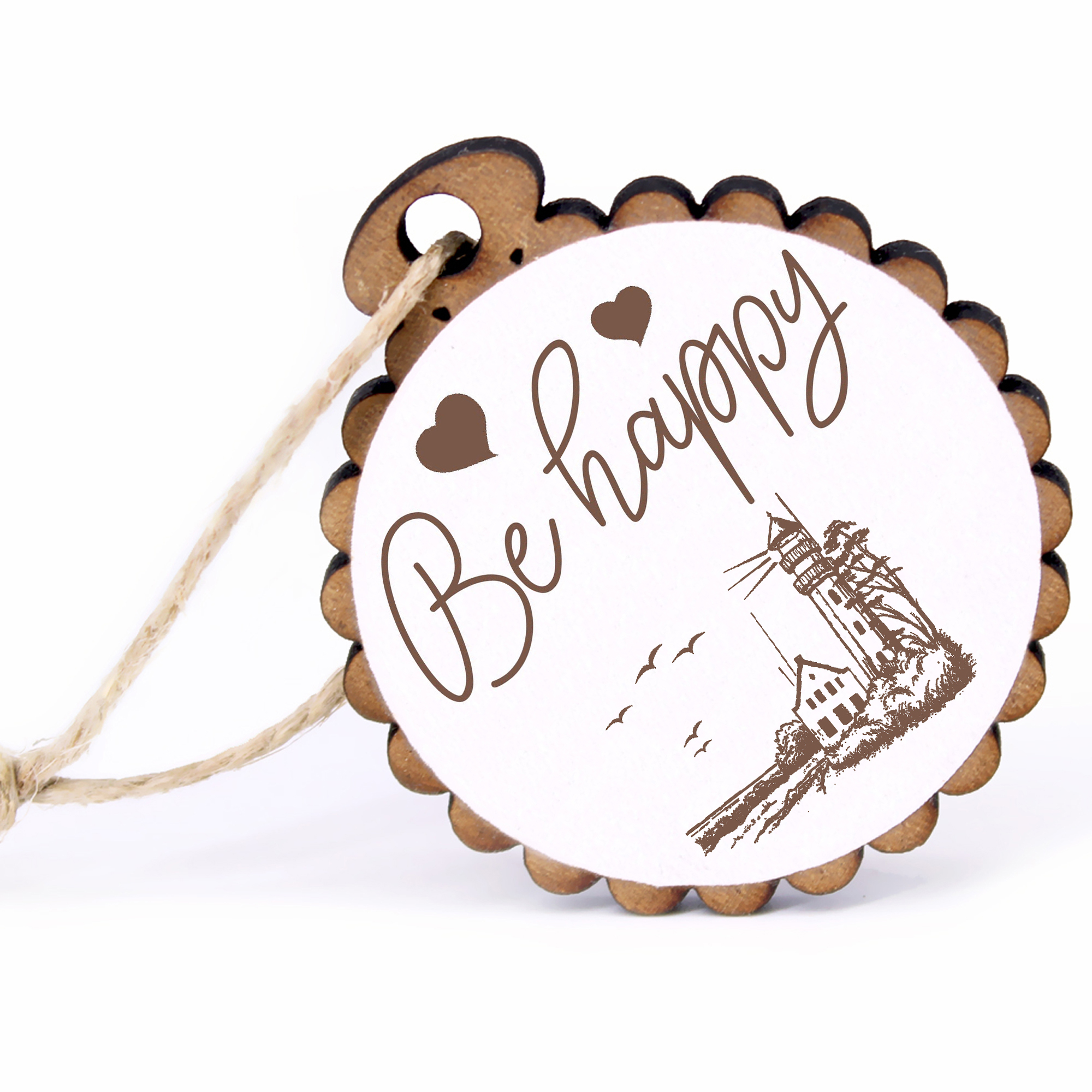 Geschenkanhänger - Be Happy Leuchtturm Am Strand -  Holz Ø-5cm - mit Juteband