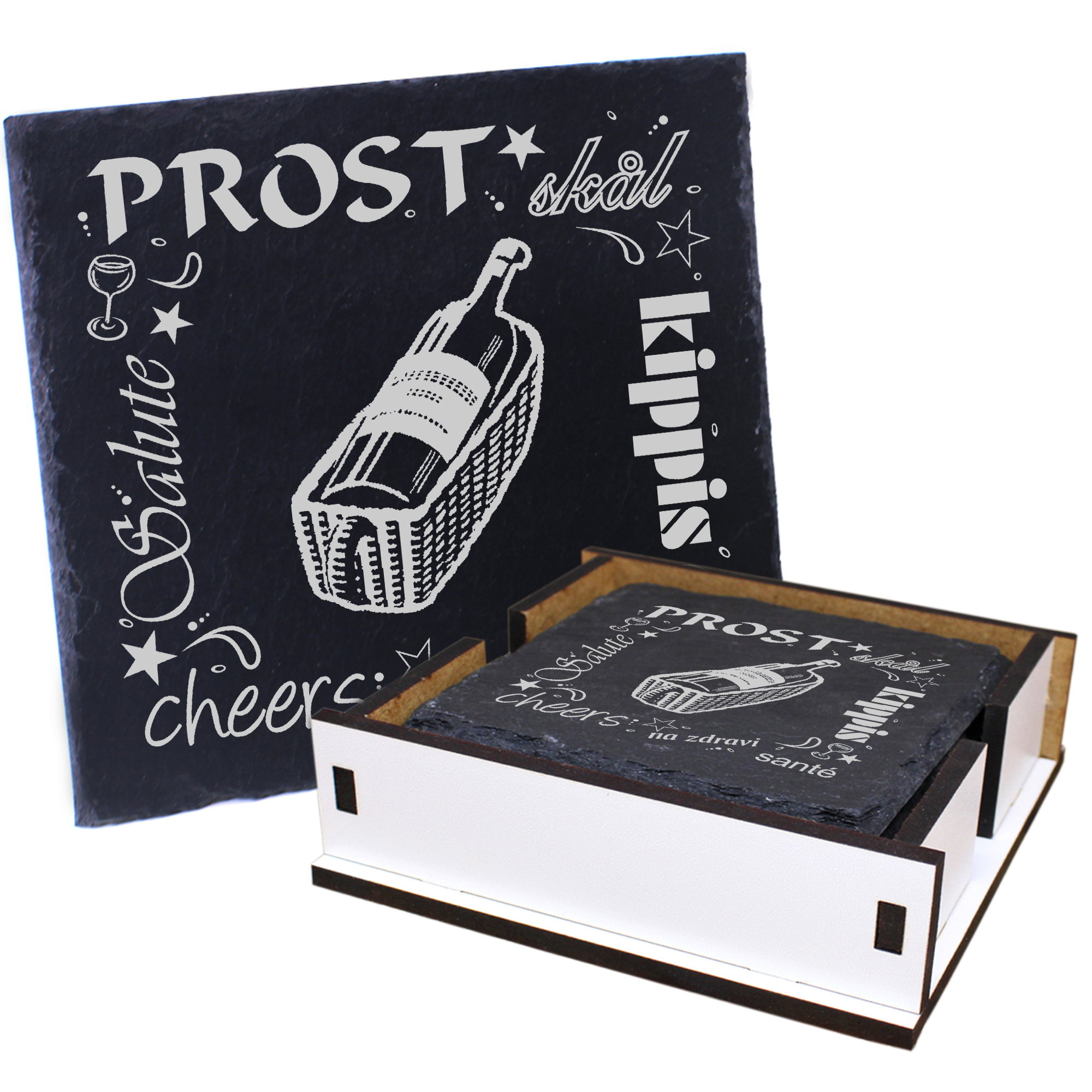 5 x Schiefer Untersetzer - Prost Weinflasche - inkl. Holzbox & Flaschenuntersetzer