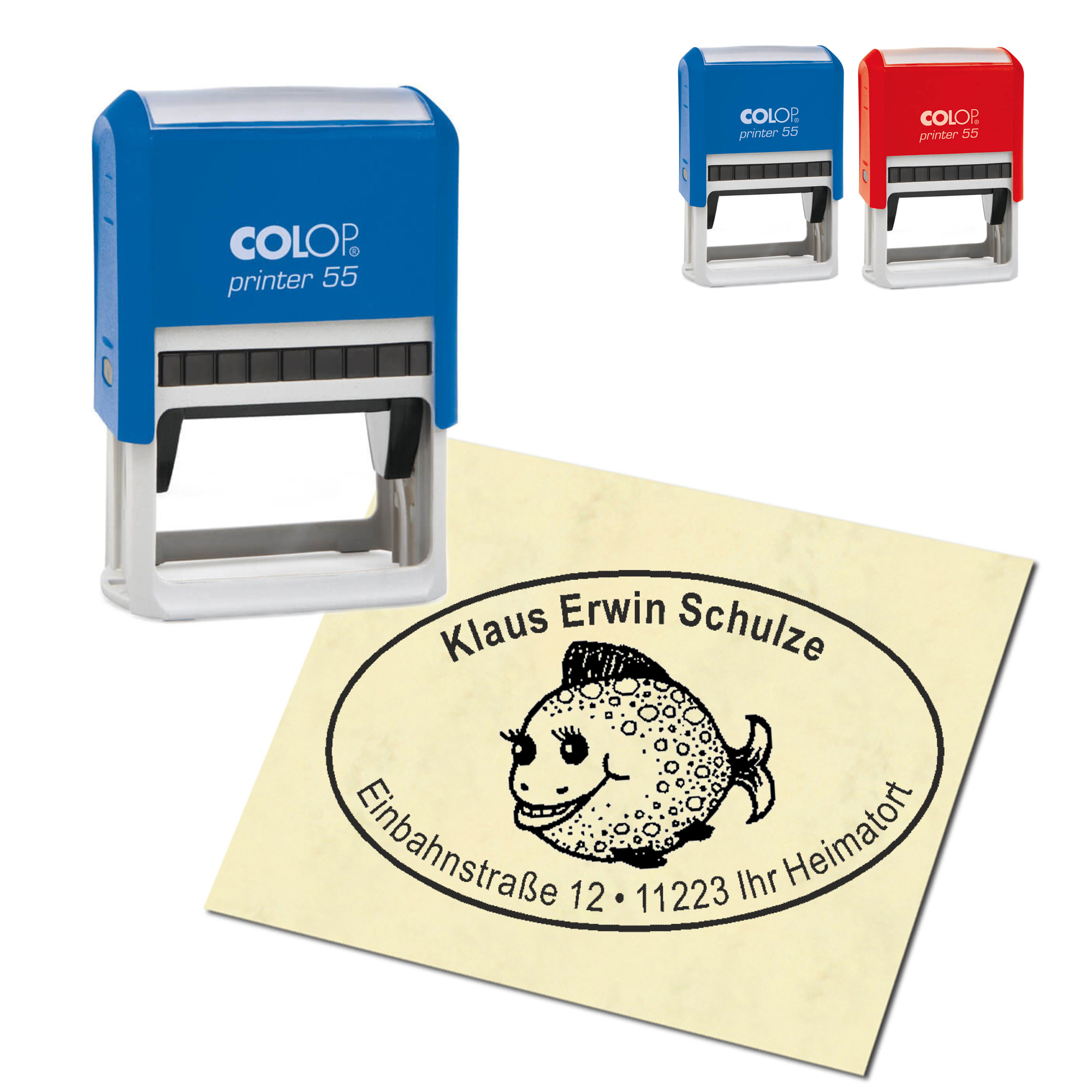 Adressstempel personalisiert Stempel - niedlicher Kugelfisch - oval 59 x 39 mm