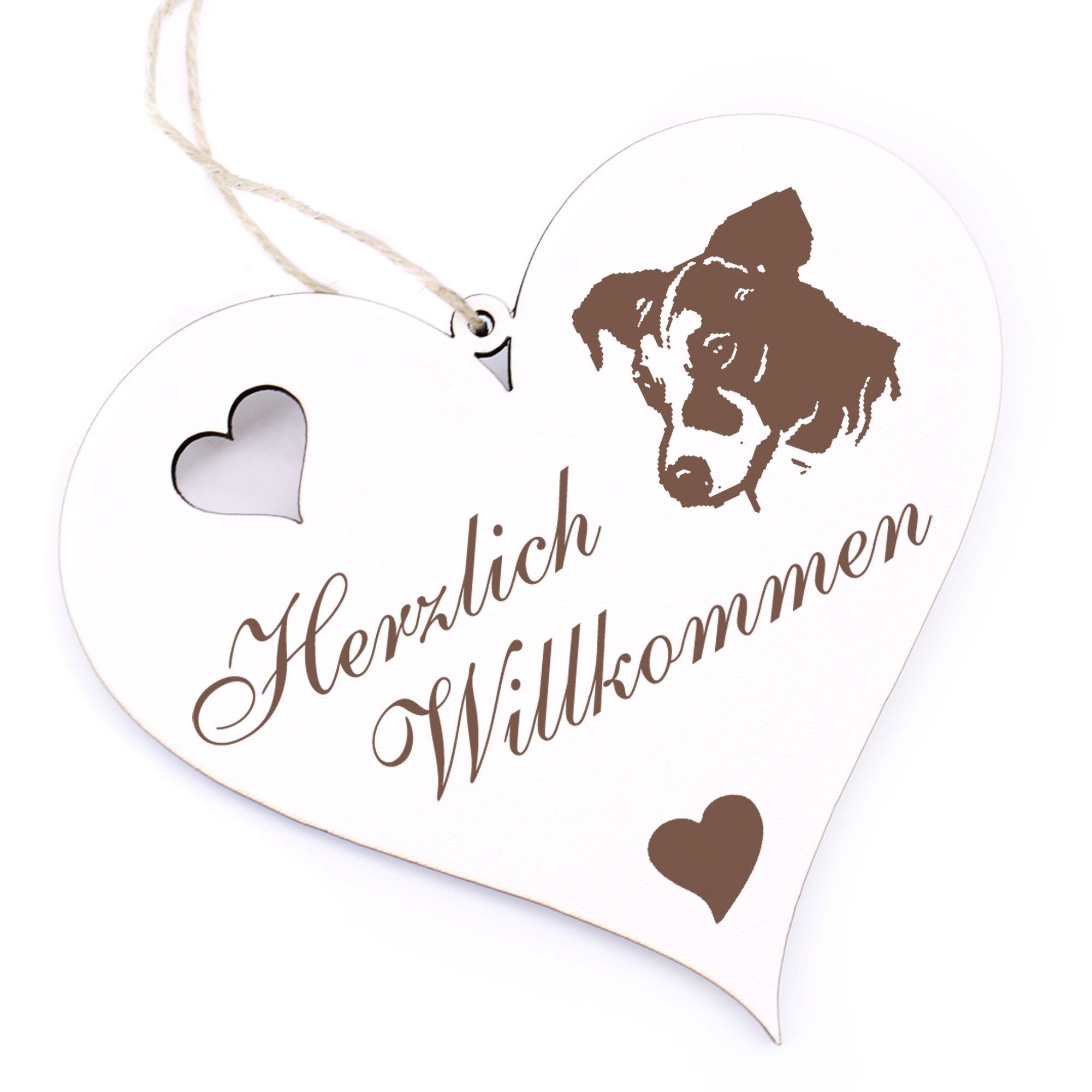 Herzlich Willkommen Schild - Jack Russel Terrier Kopf - Deko Herz Holz