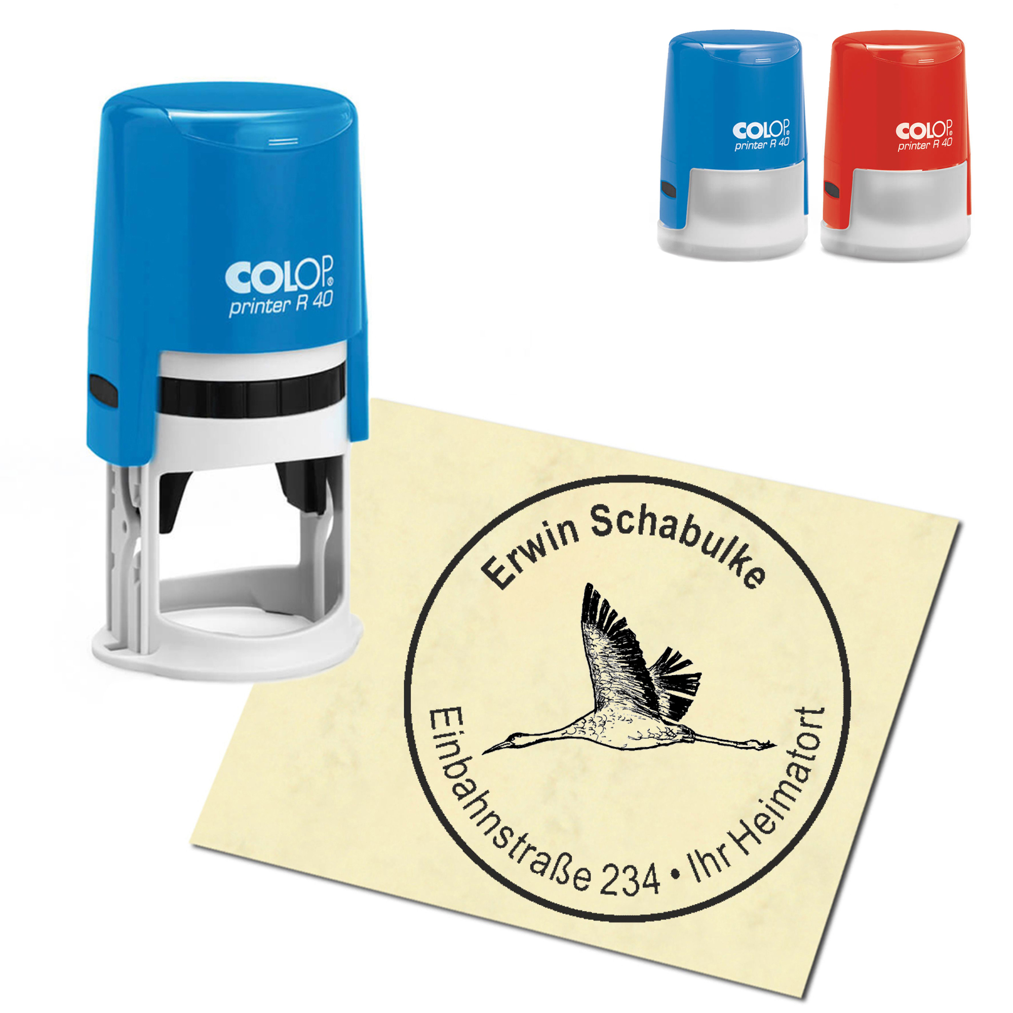 Stempel Adressstempel personalisiert - fliegender Kranich - rund &empty; 40mm