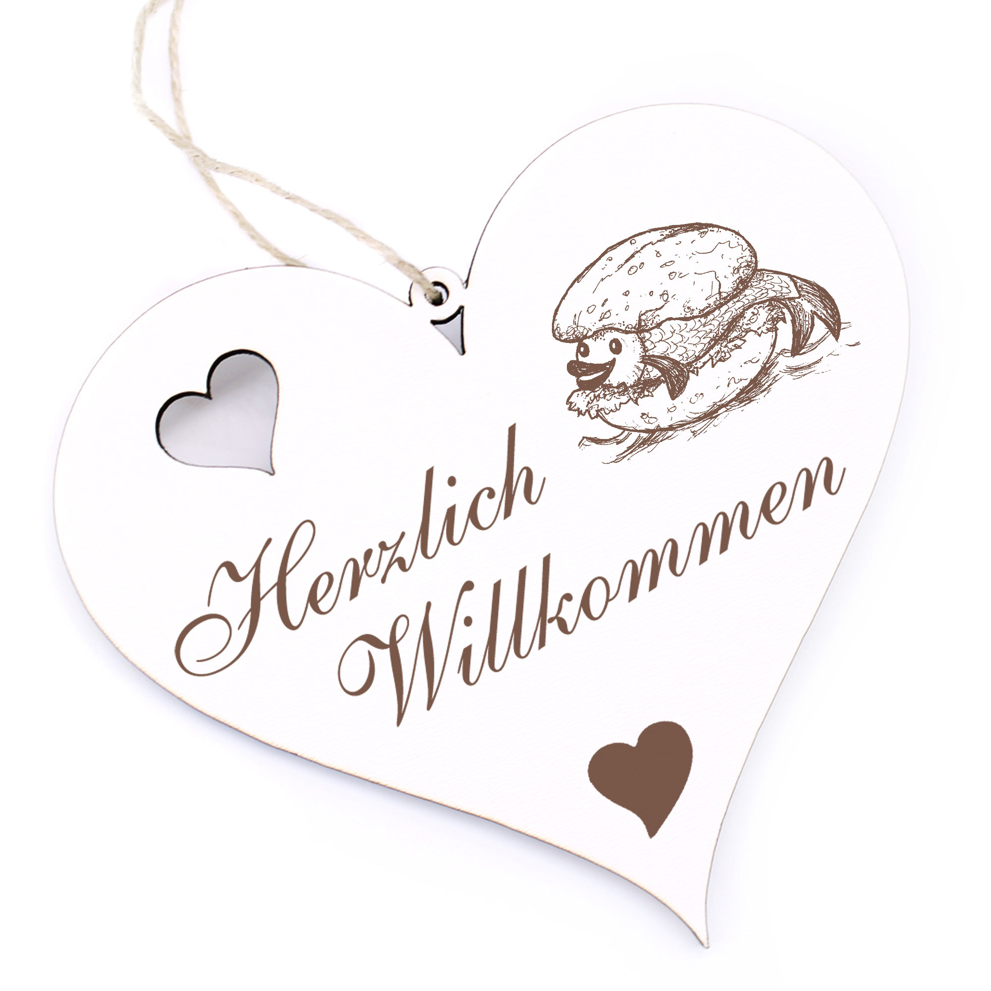Herzlich Willkommen Schild - lustiges Fischbrötchen - Deko Herz Holz