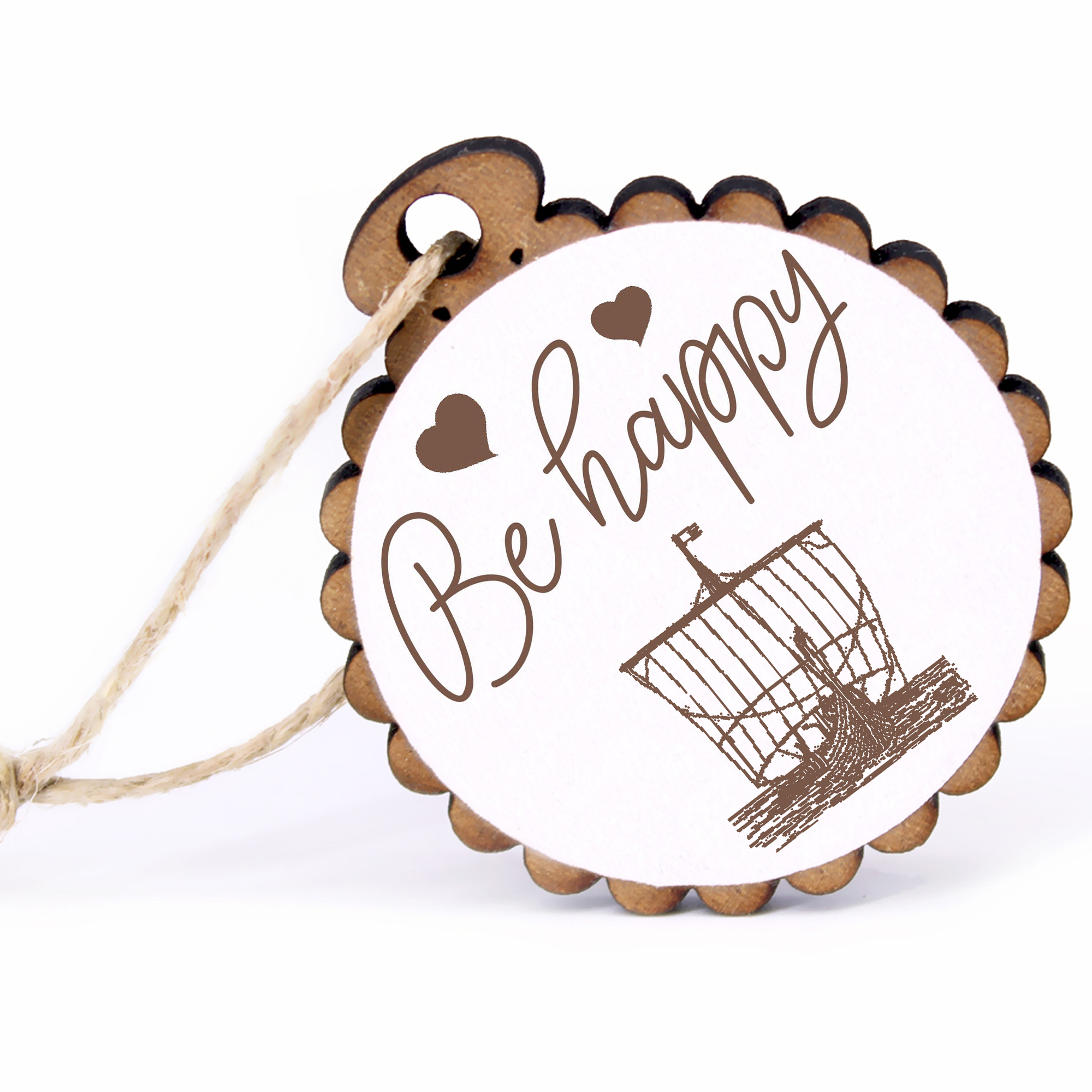 Geschenkanhänger - Be Happy altes Segelschiff -  Holz Ø-5cm - mit Juteband