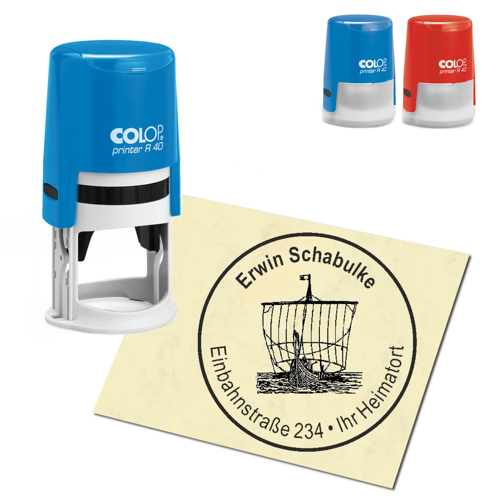 Stempel Adressstempel personalisiert - altes Segelschiff - rund &empty; 40mm