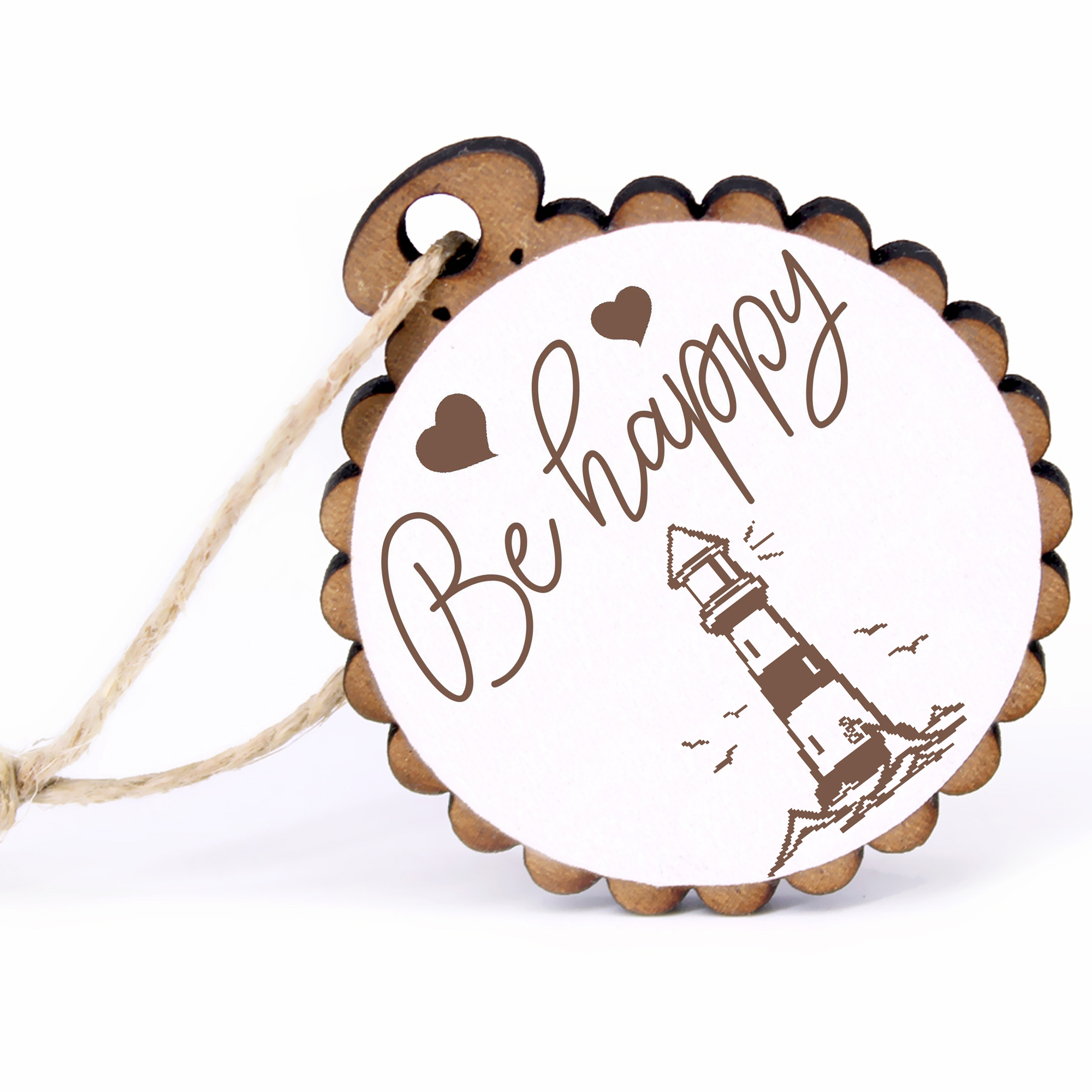 Geschenkanhänger - Be Happy Leuchtturm Mit Vögel -  Holz Ø-5cm - mit Juteband