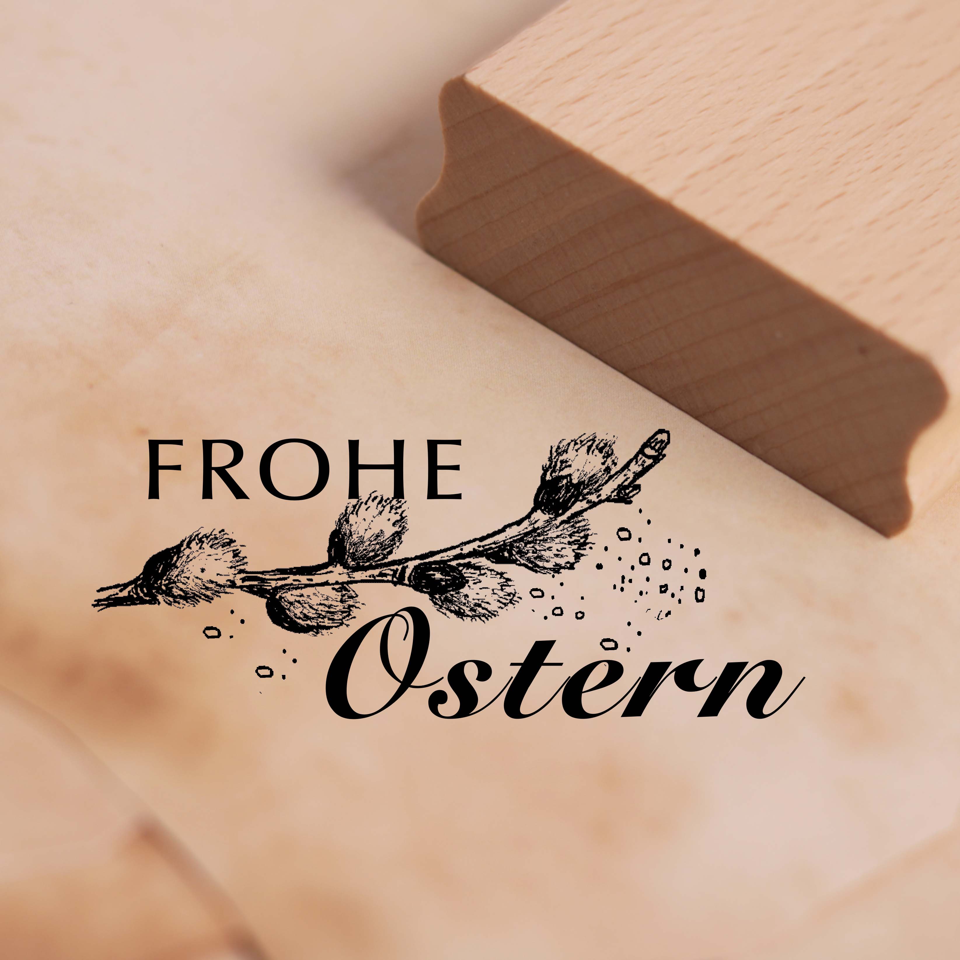 Motivstempel Frohe Ostern Weidenkätzchen - Stempel Holzstempel 68 x 28 mm