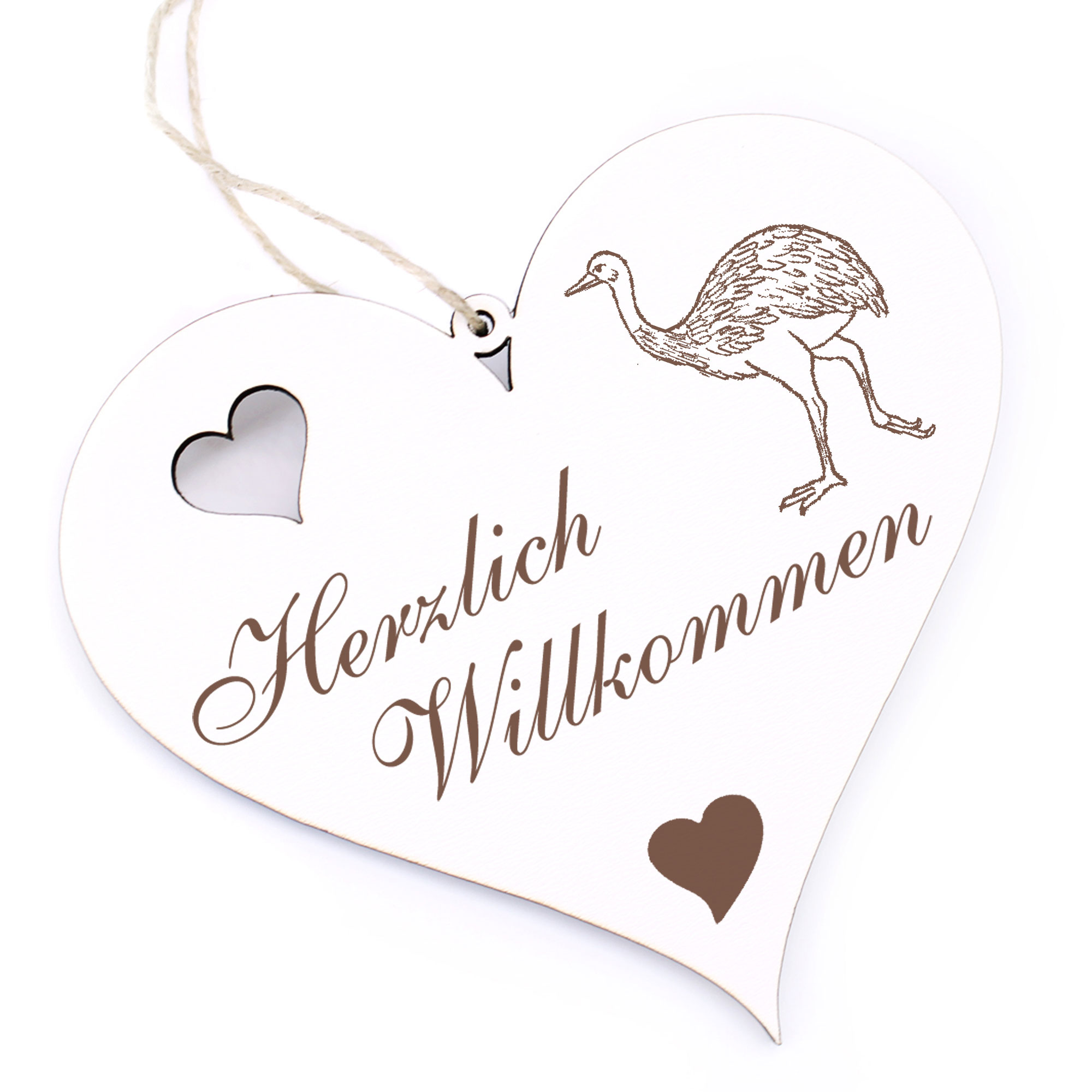 Herzlich Willkommen Schild - Nandu - Deko Herz Holz