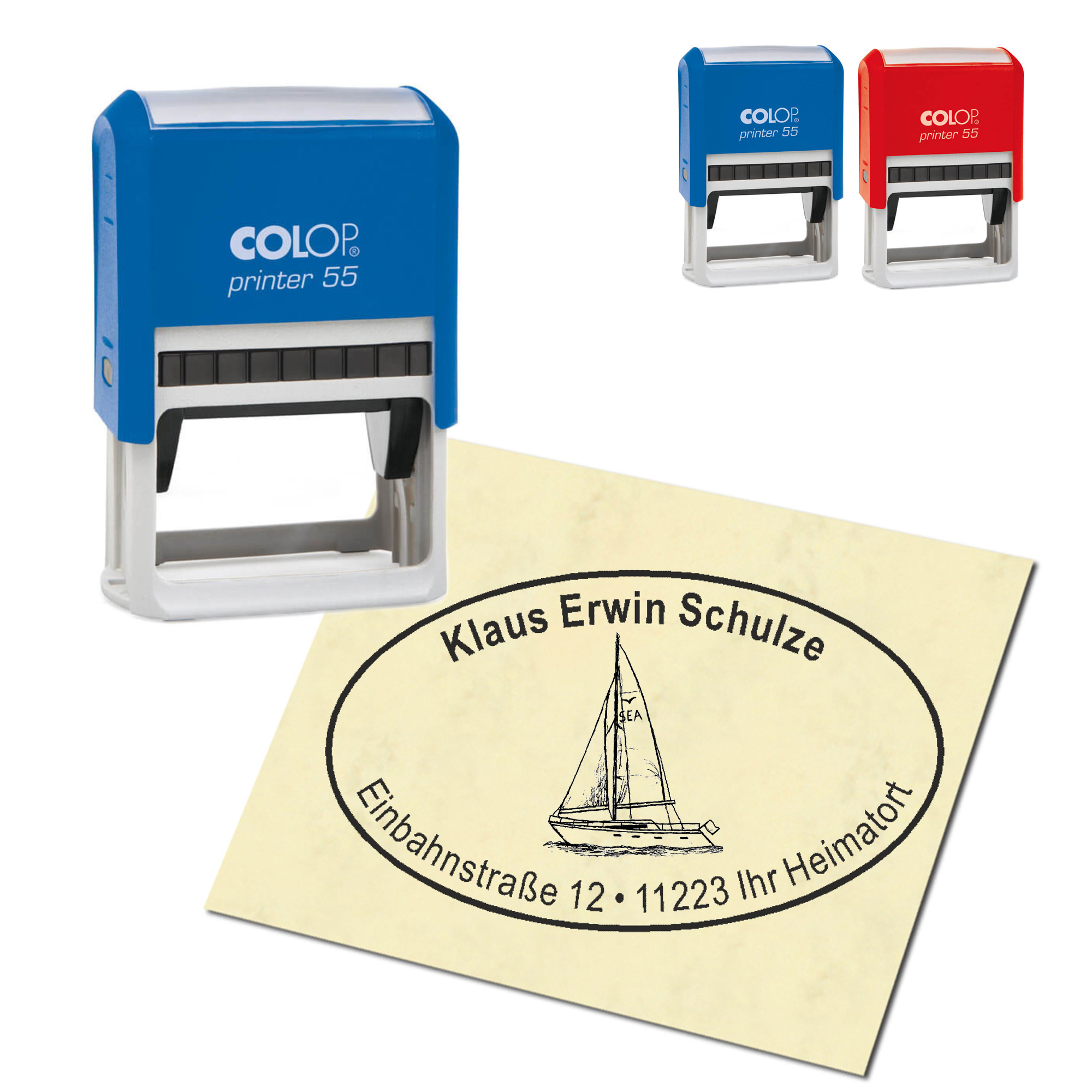 Adressstempel personalisiert Stempel - Segelboot - oval 59 x 39 mm