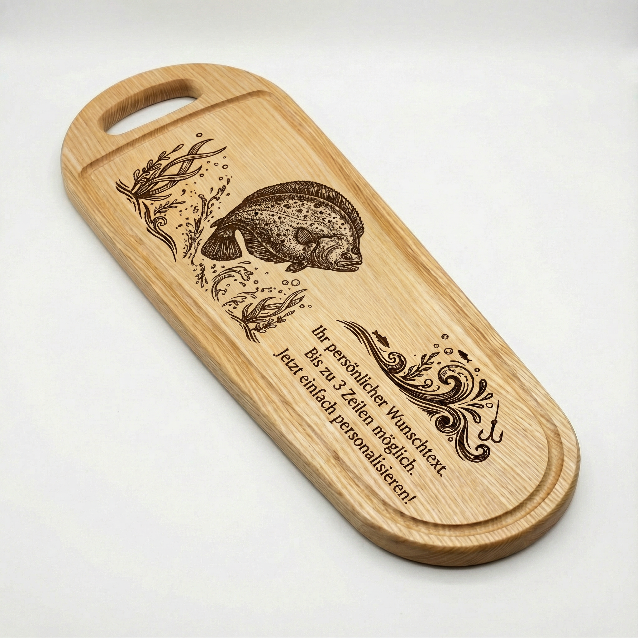 XXL Fisch Schneidebrett aus Esche mit Gravur – Steinbutt –  60x20cm - Angler Griller Koch