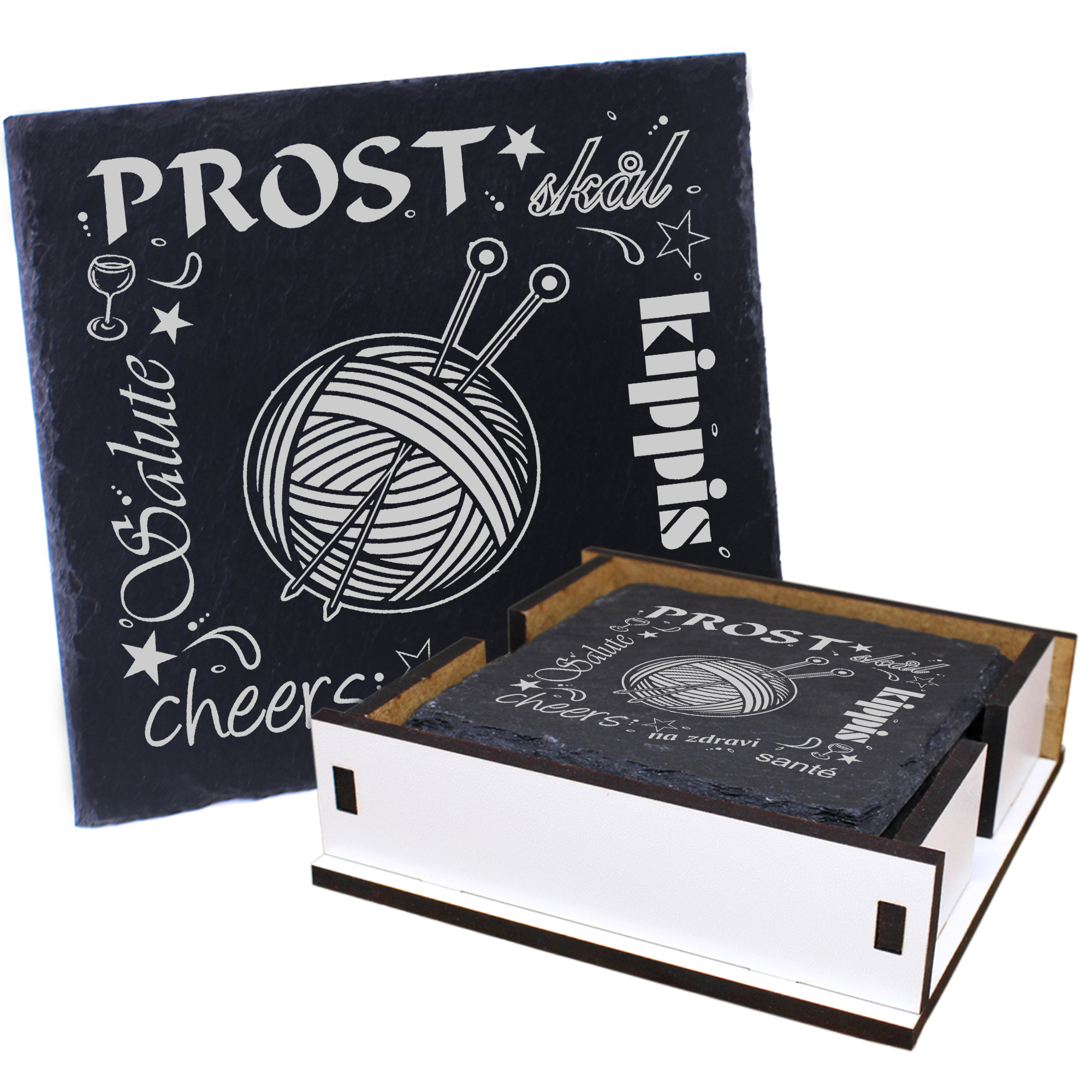 5 x Schiefer Untersetzer - Prost Stricken - inkl. Holzbox & Flaschenuntersetzer