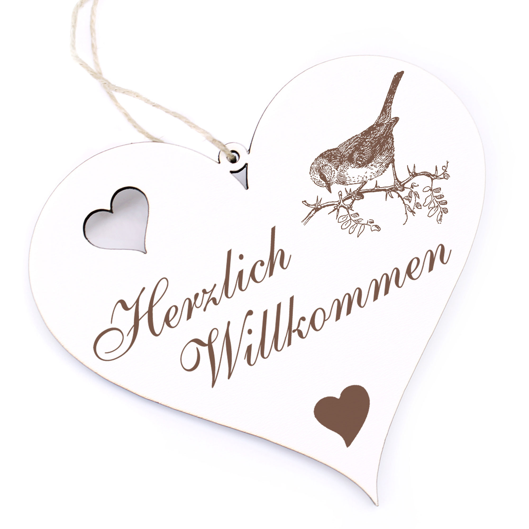 Herzlich Willkommen Schild - Spatz - Deko Herz Holz