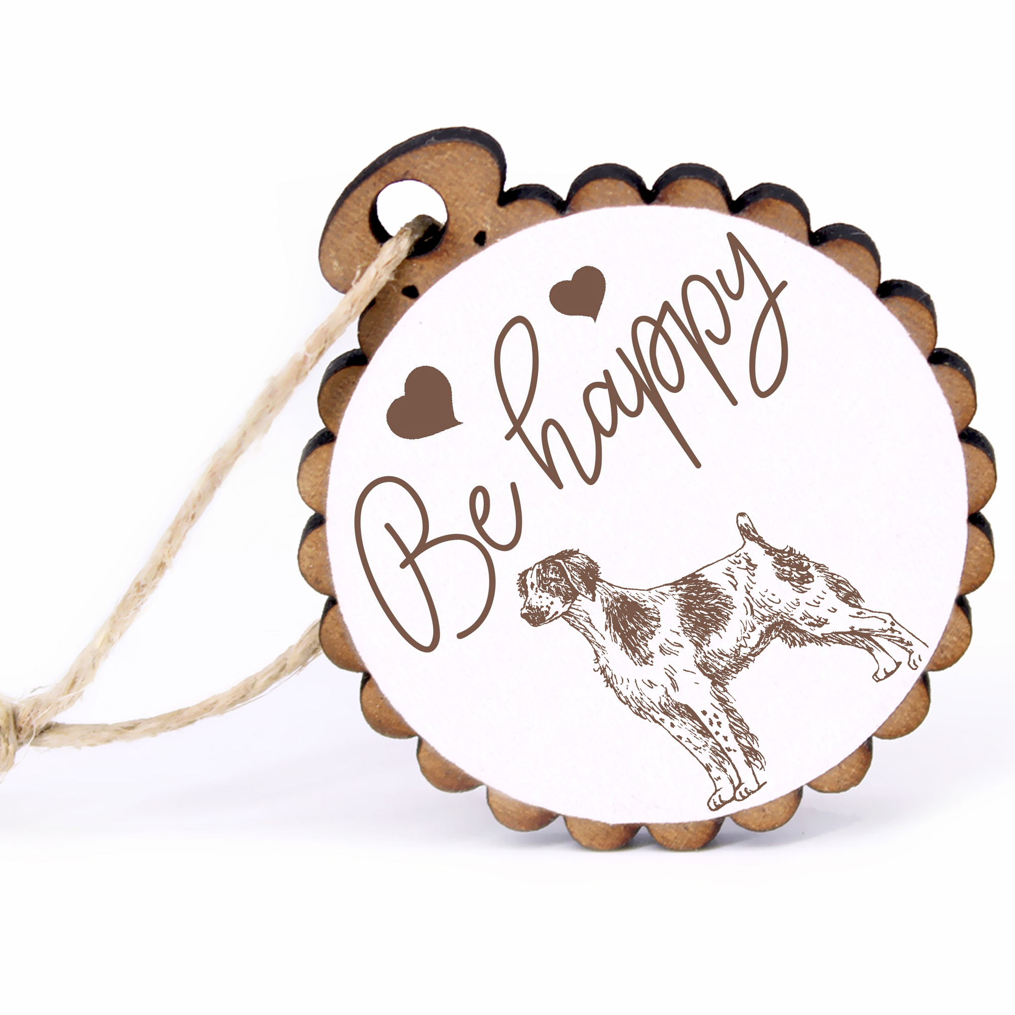 Geschenkanhänger - Be Happy Epagneul Breton -  Holz Ø-5cm - mit Juteband