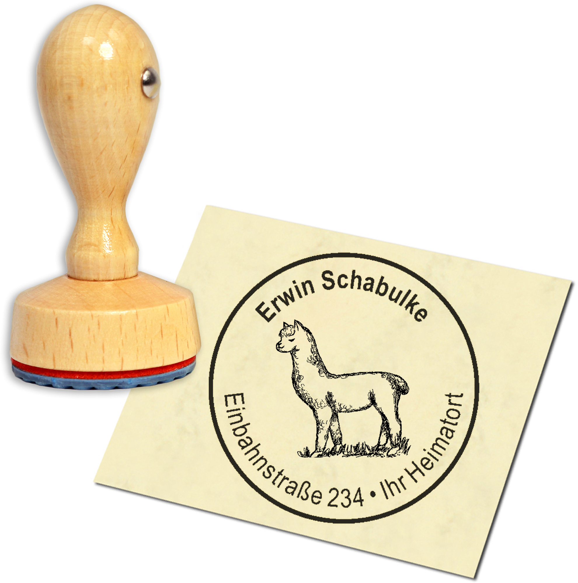 Stempel Adressstempel Holzstempel - niedliches Lama - rund 40mm