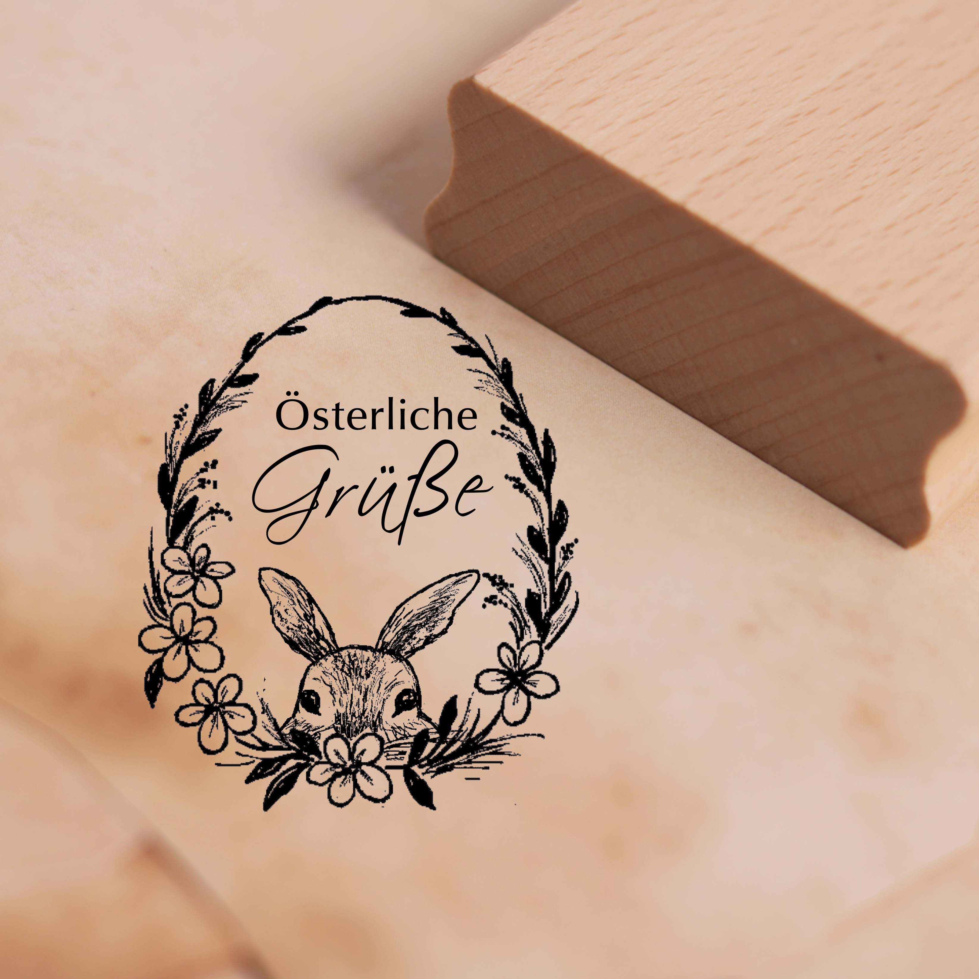 Motivstempel Österliche Grüße - Blumen Osterei und Osterhase Stempel Holzstempel 58 x 68 mm 