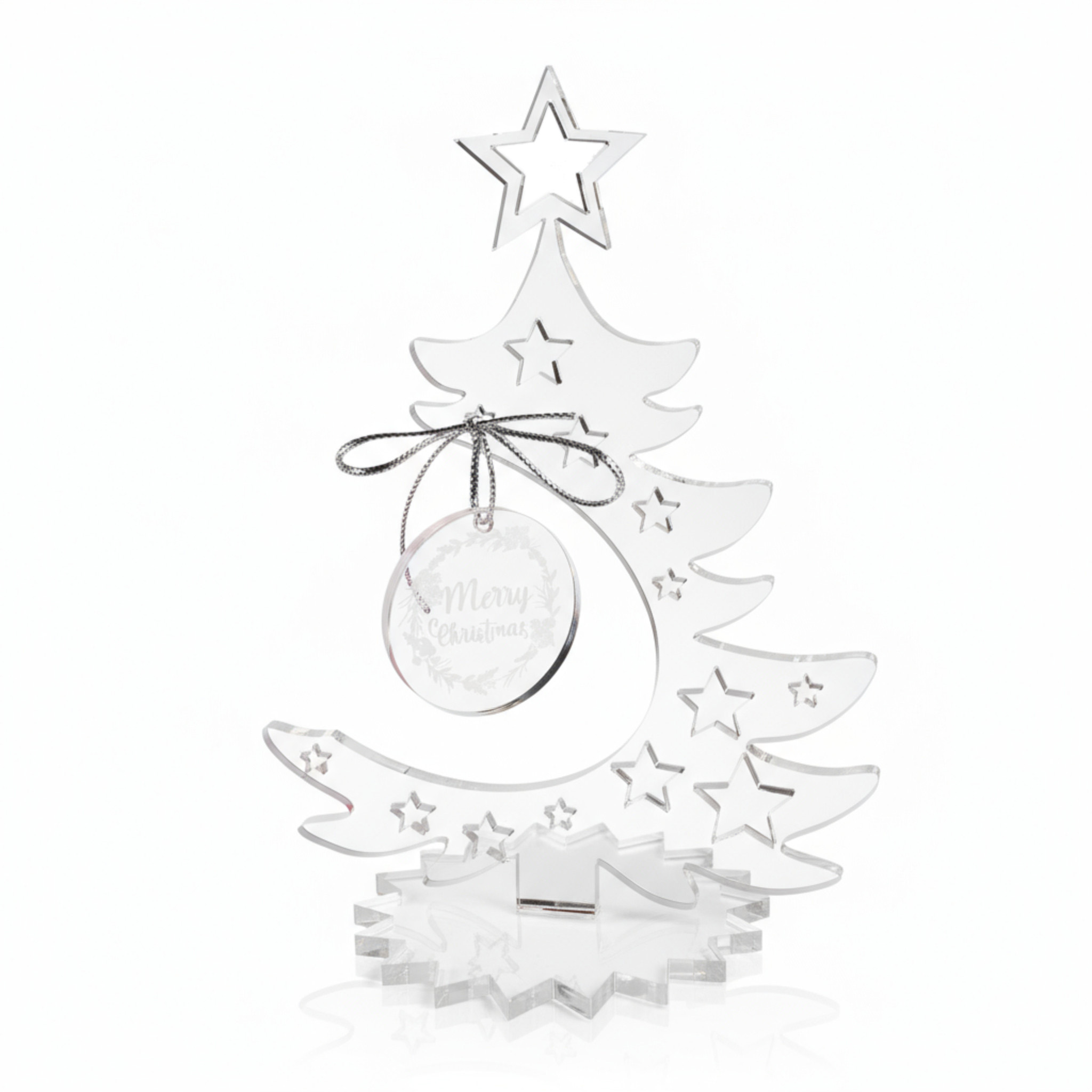 Acryl Aufsteller Tannenbaum mit Anhänger Merry Christmas – moderne Weihnachts Dekoration aus klarem Acryl