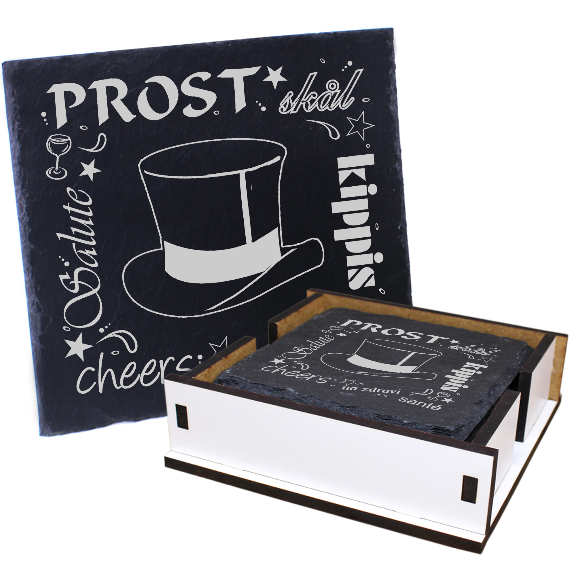 5 x Schiefer Untersetzer - Prost Zylinder - inkl. Holzbox & Flaschenuntersetzer