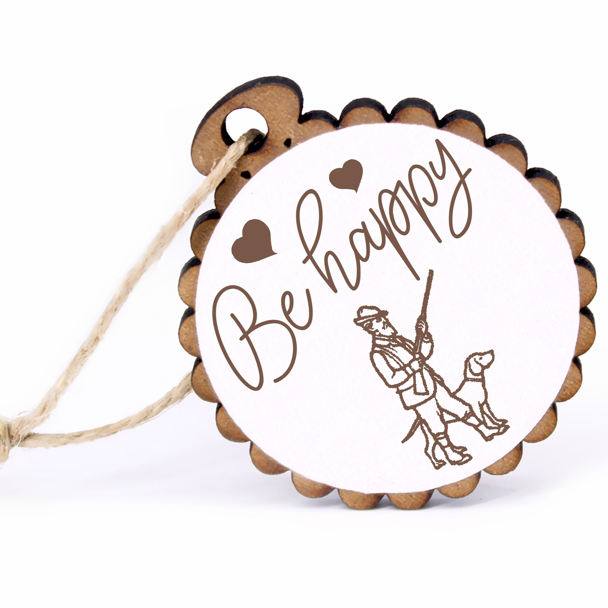 Geschenkanhänger - Be Happy Jäger mit Hund -  Holz Ø-5cm - mit Juteband