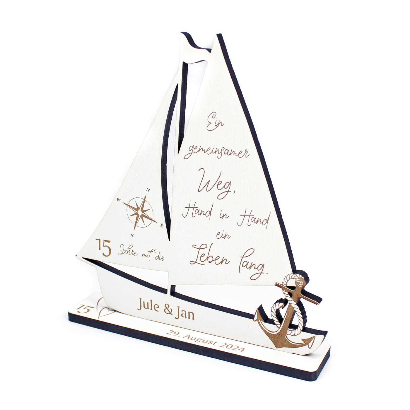 Deko Hochzeitstag personalisiert mit Namen, Datum und Zahl - Holz Aufsteller Schiff 14 x 15 cm