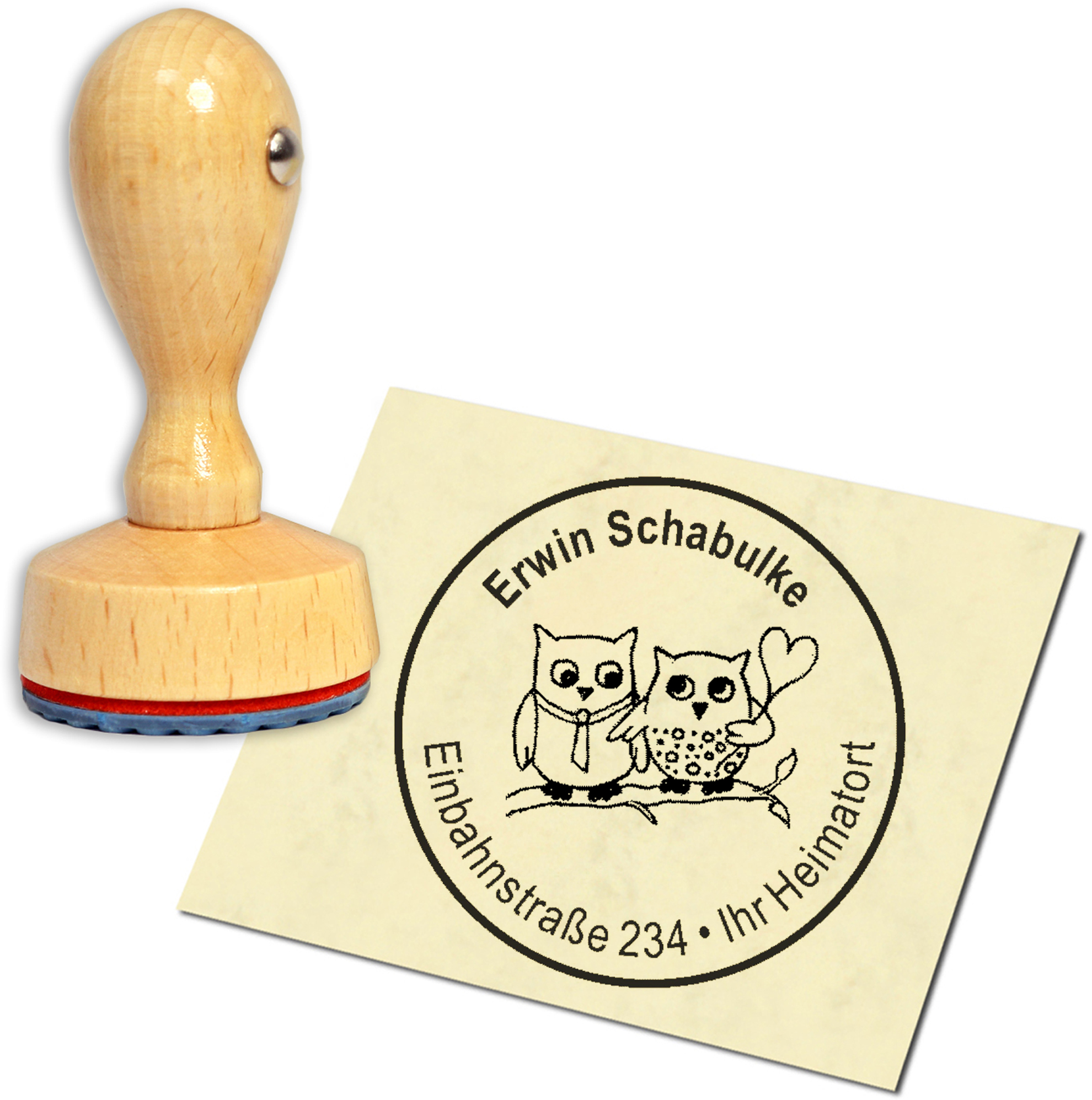 Stempel Adressstempel Holzstempel - Eulenpaar - rund 40mm