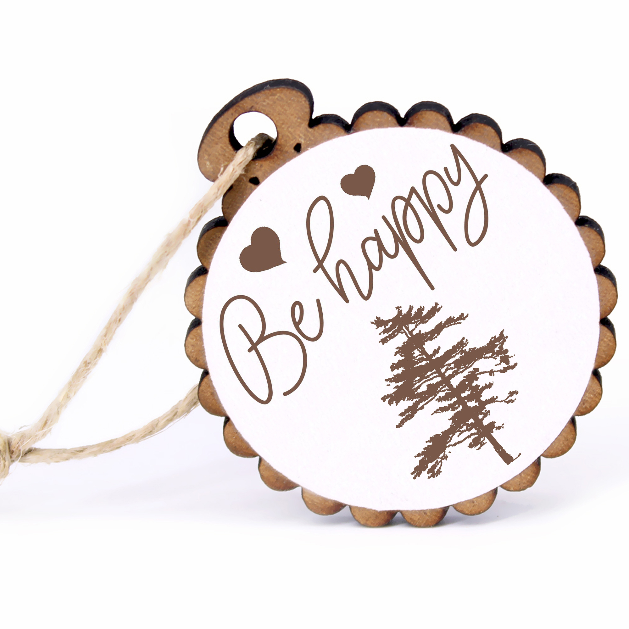 Geschenkanhänger - Be Happy Kiefer -  Holz Ø-5cm - mit Juteband