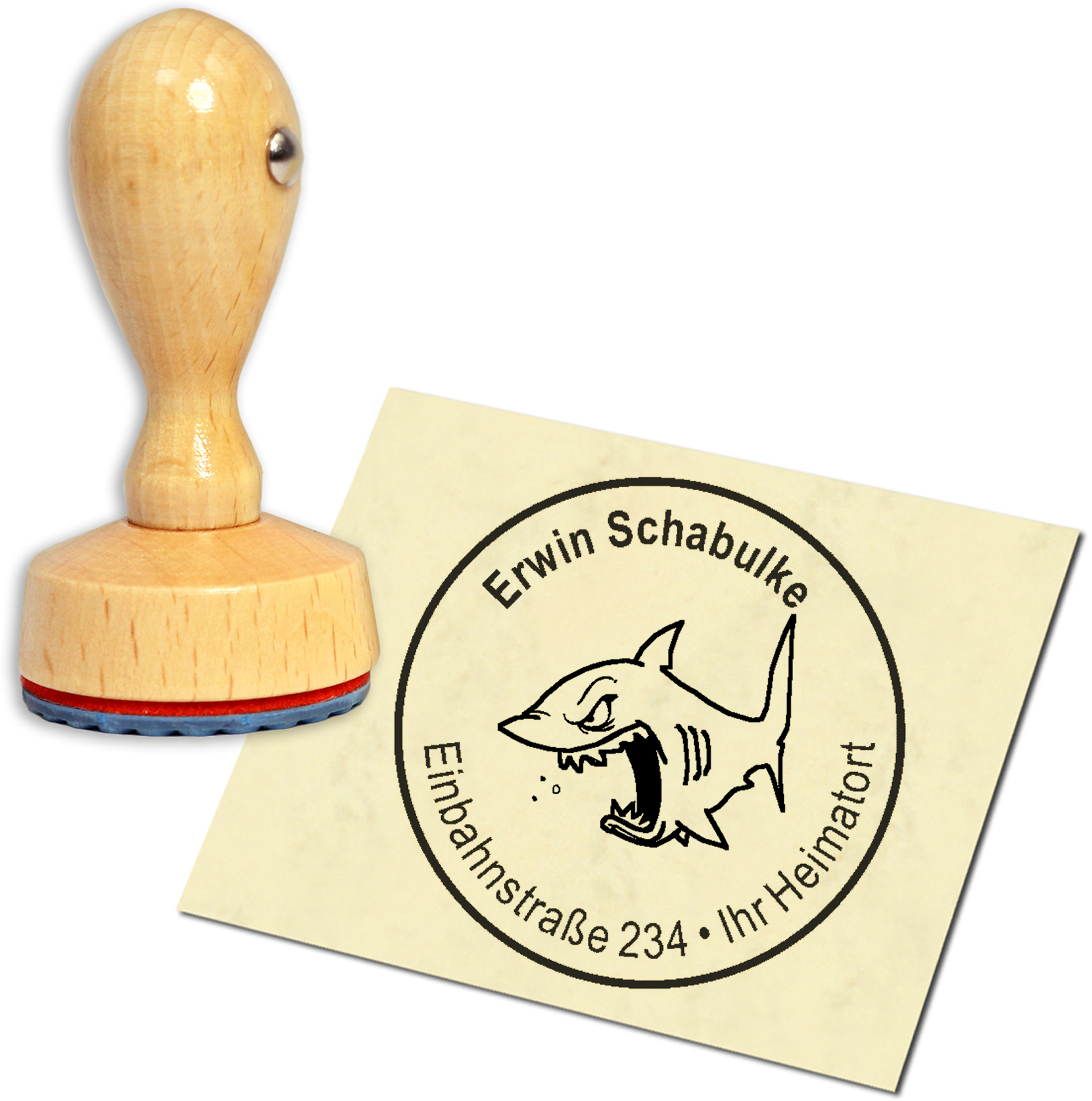 Stempel Adressstempel Holzstempel - witziger Hai - rund 40mm