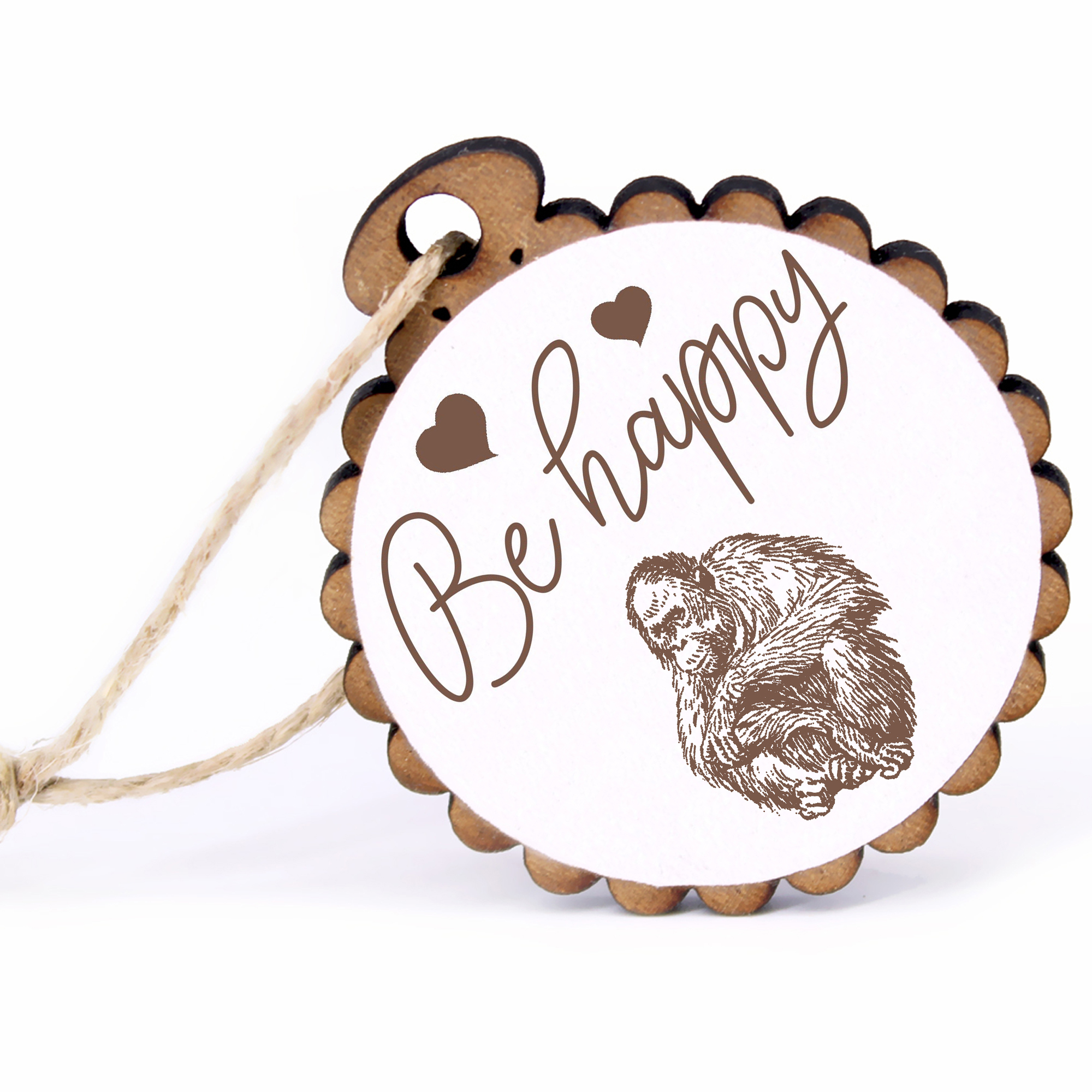 Geschenkanhänger - Be Happy Affe -  Holz Ø-5cm - mit Juteband