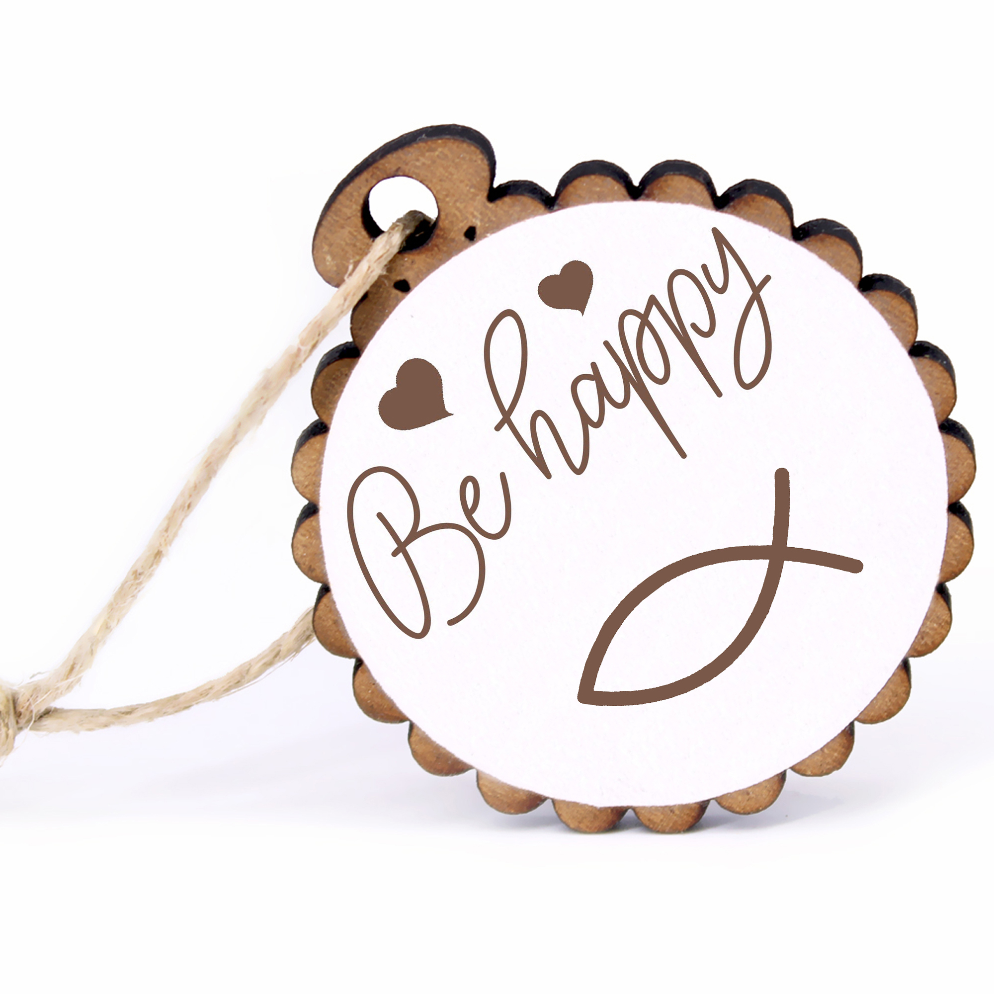 Geschenkanhänger - Be Happy Christenfisch -  Holz Ø-5cm - mit Juteband