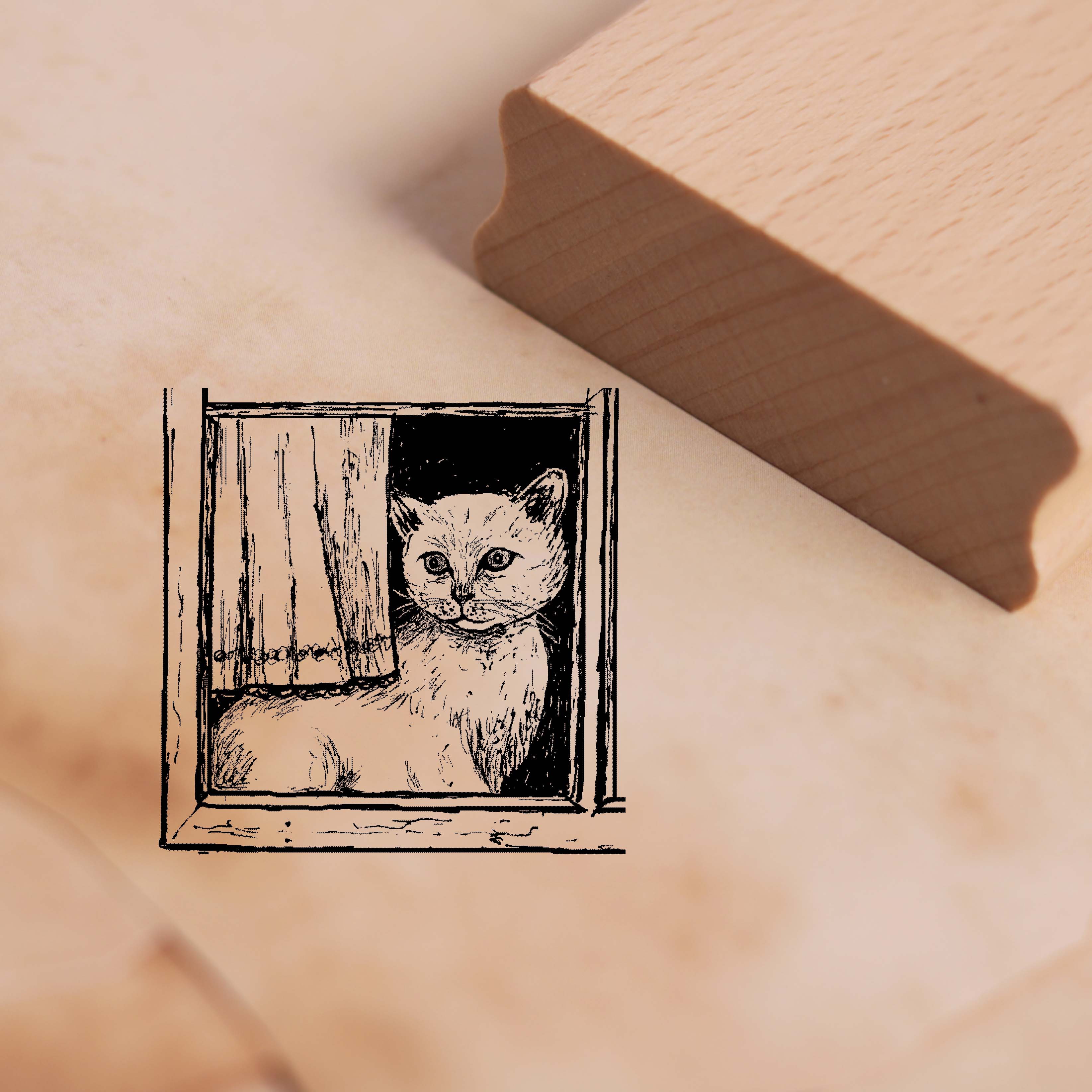 Motivstempel Katze am Fenster mit Gardine - Stempel Holzstempel 48 x 48 mm