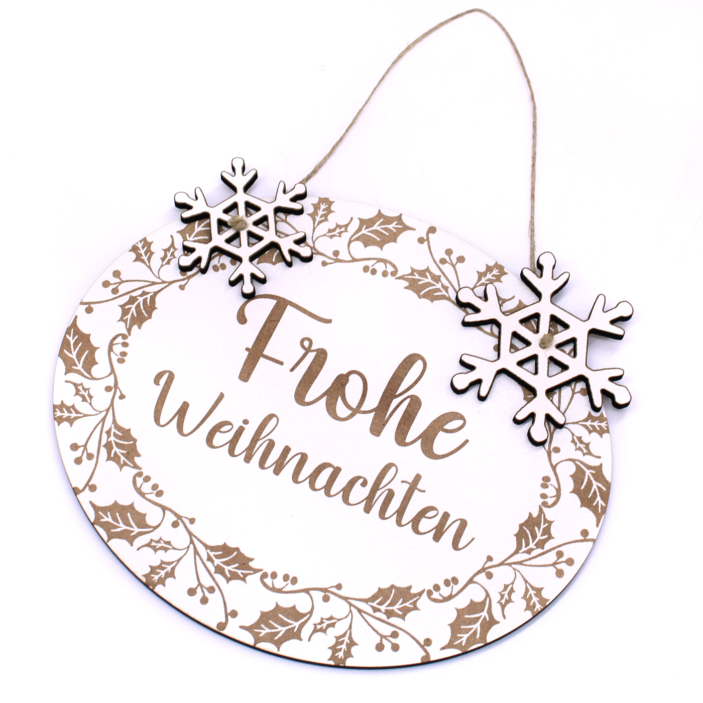 Schild Frohe Weihnachten - mit Mistelzweig Motiv und 2 angeknoteten Schneeflocken - Dekoschild