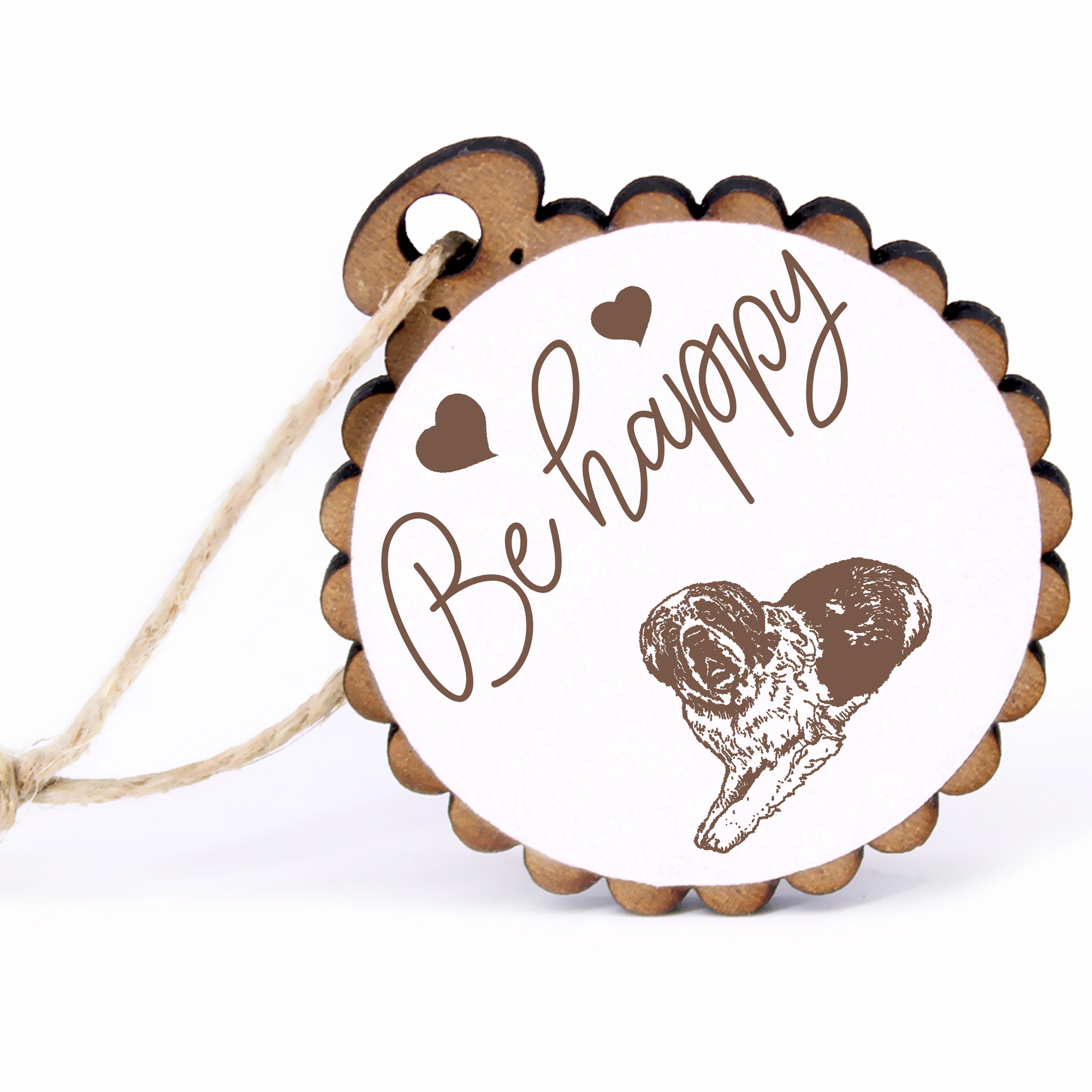 Geschenkanhänger - Be Happy Bernhardiner -  Holz Ø-5cm - mit Juteband