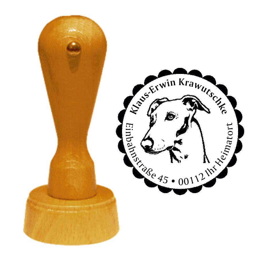 Adressstempel Greyhound -  Holzstempel personalisiert mit Adresse - Ø 40 mm