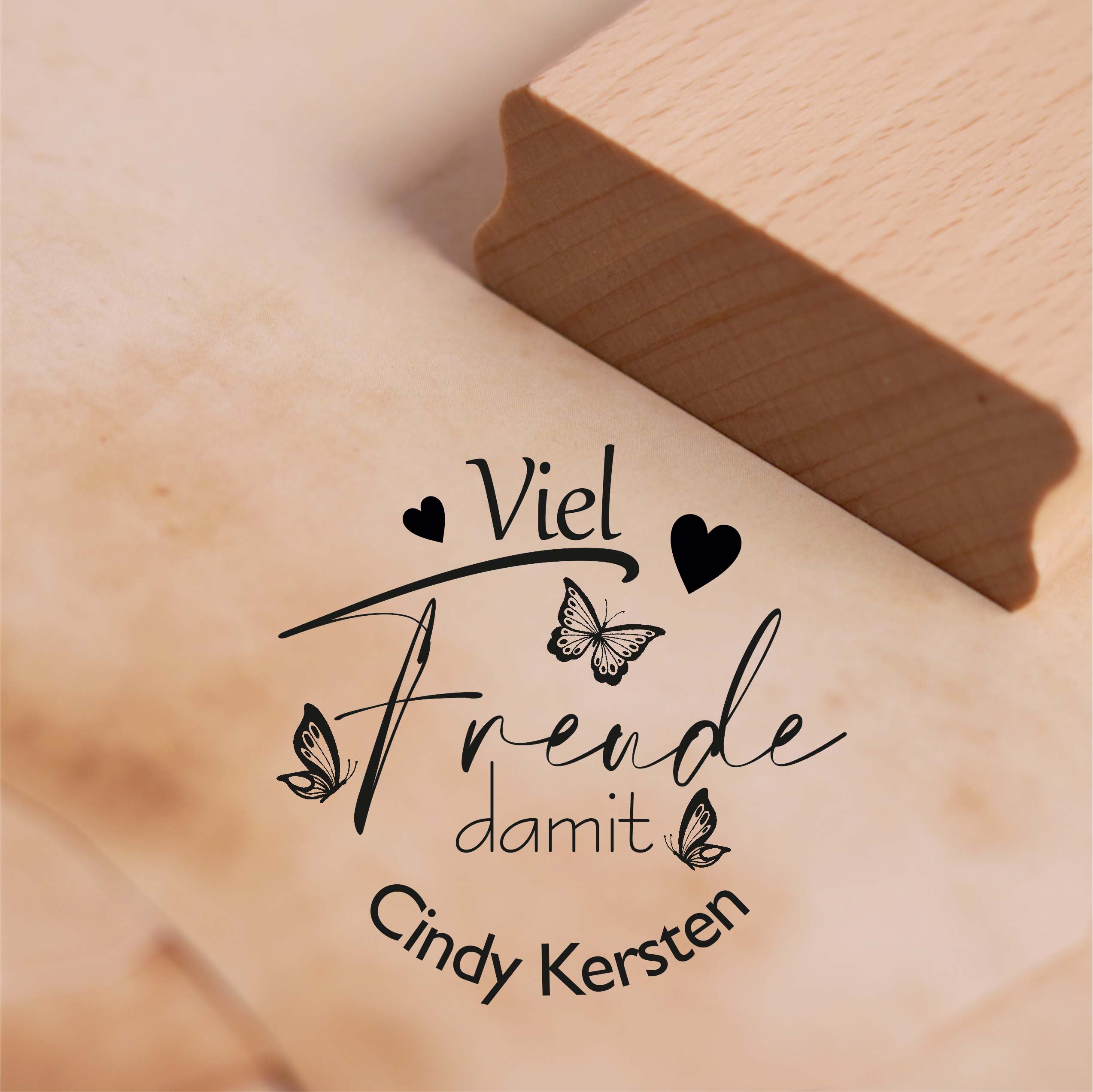 Motivstempel Viel Freude damit mit Herz Schmetterling Motiv - inkl. Name personalisierter Stempel