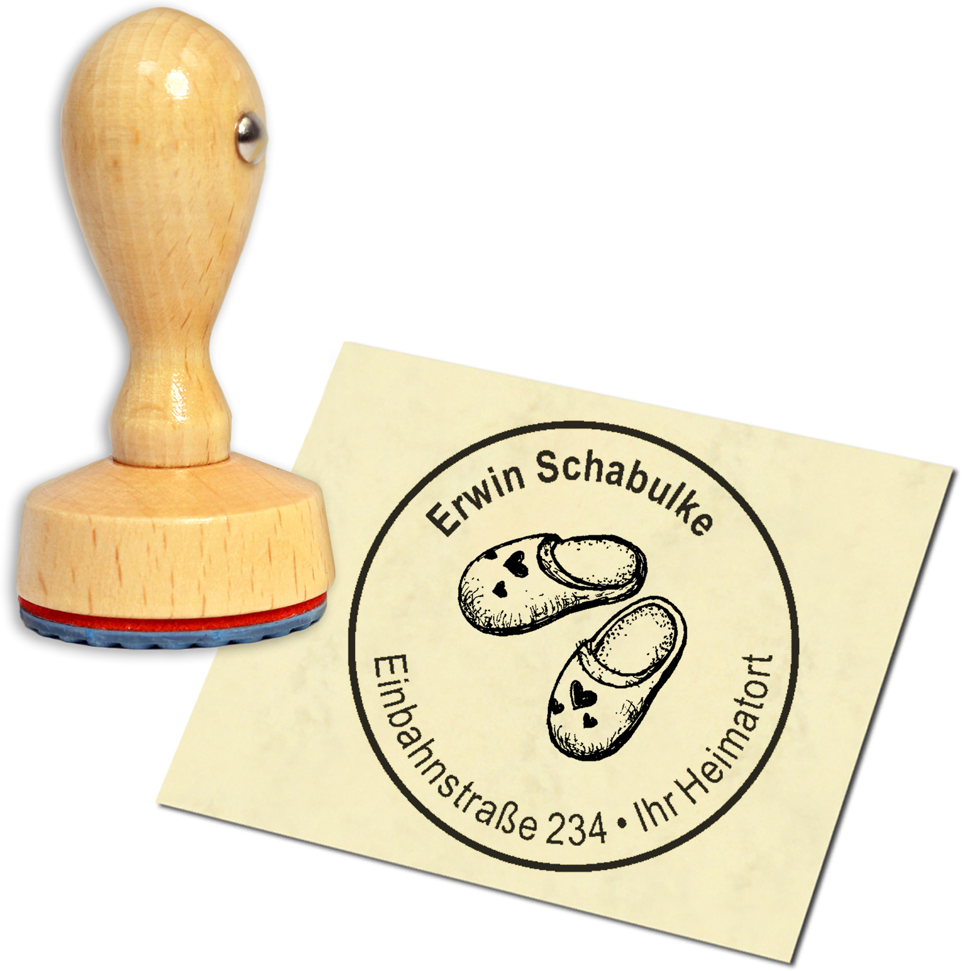 Stempel Adressstempel Holzstempel - Pantoffeln - rund 40mm