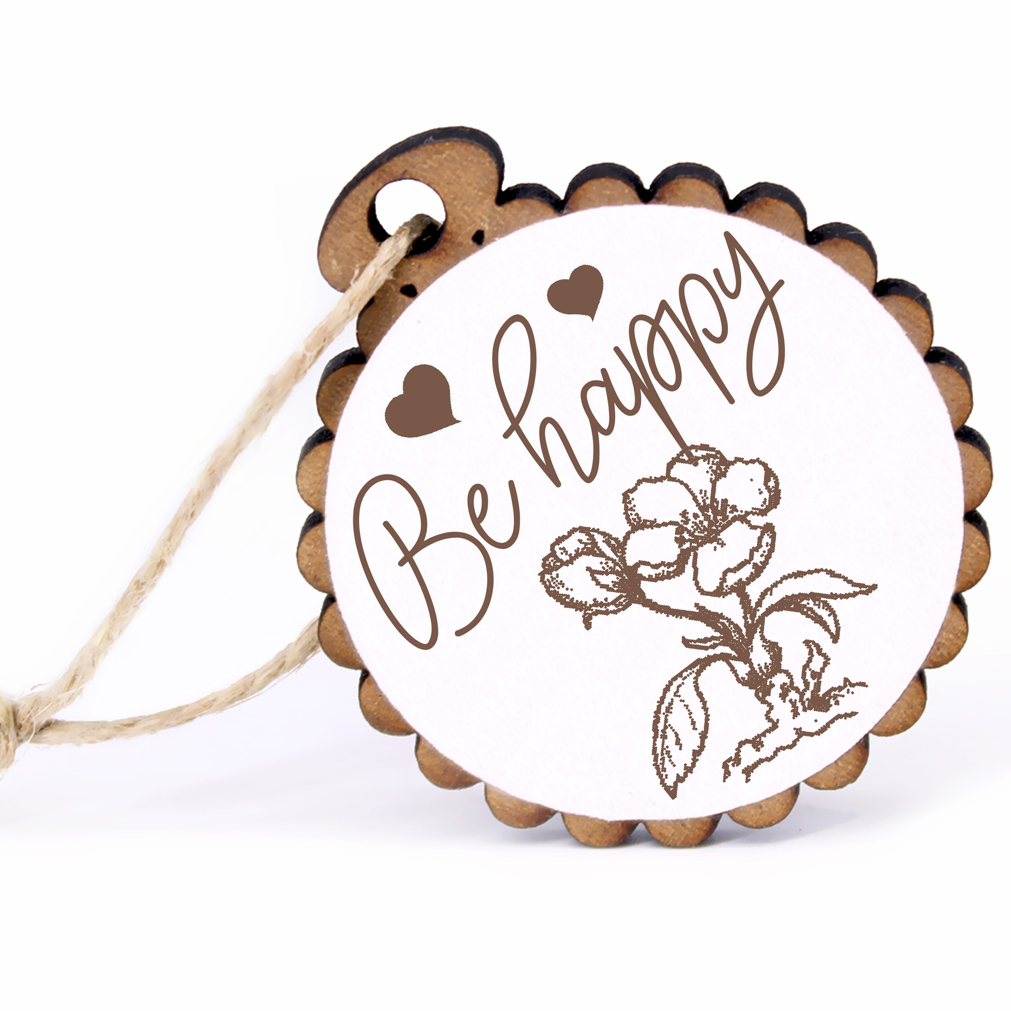 Geschenkanhänger - Be Happy Holzapfelblüte -  Holz Ø-5cm - mit Juteband