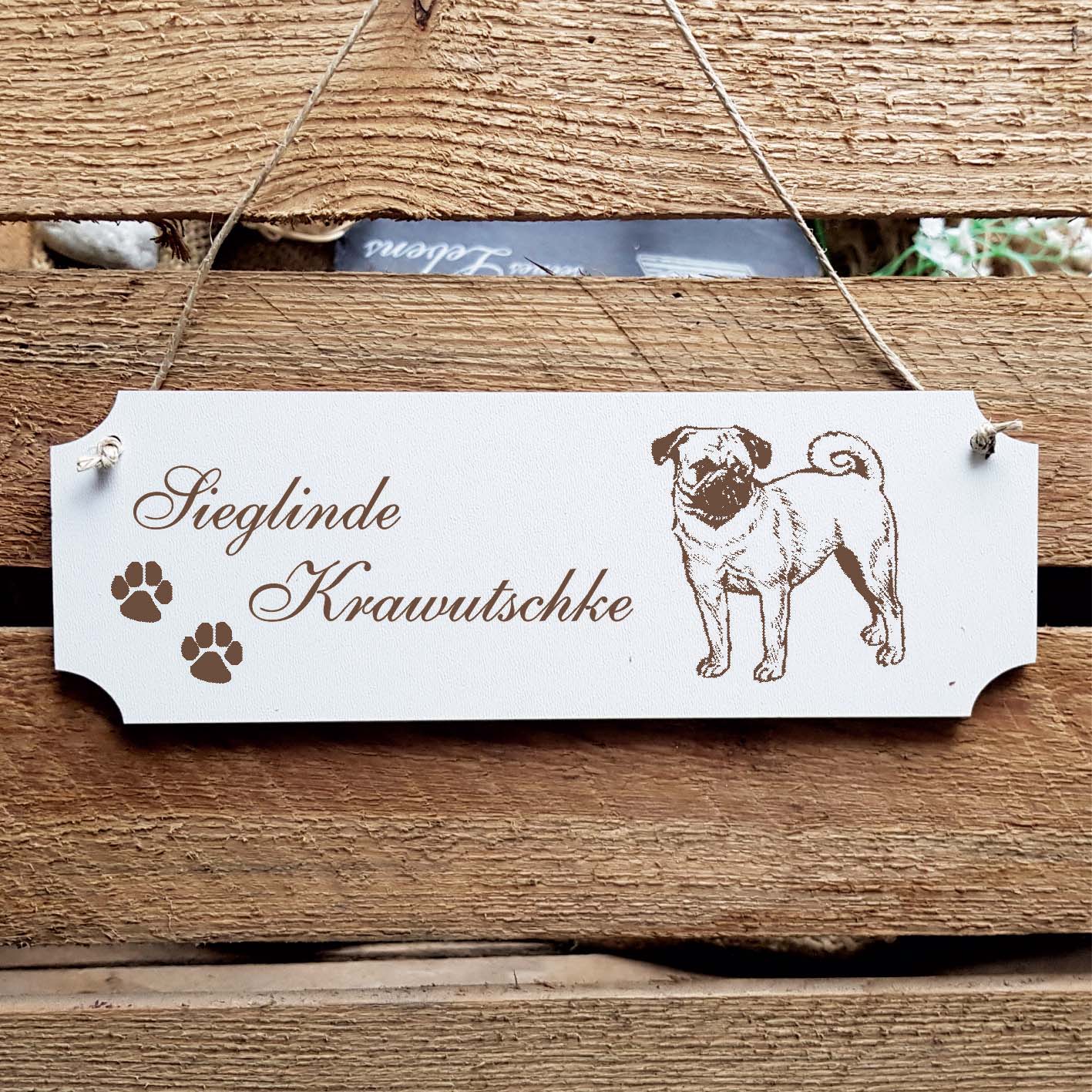 Schild « Mops hell » Namensschild Türschild zum Anhängen - 20 x 6,7 cm