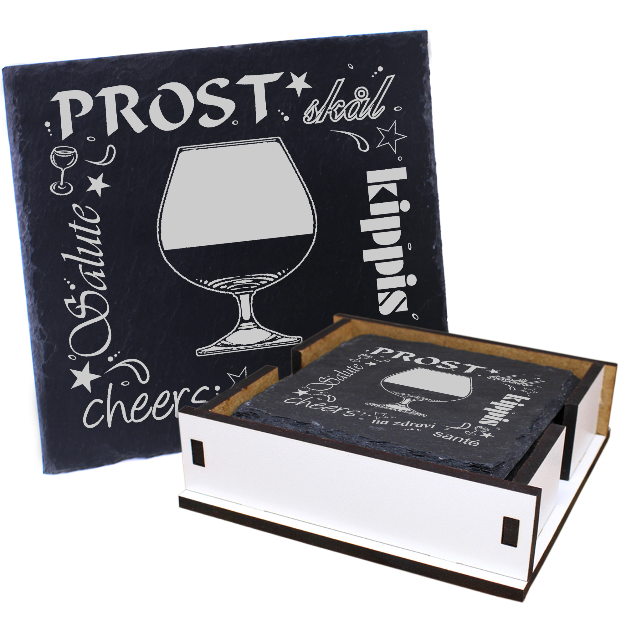 5 x Schiefer Untersetzer - Prost Weinglas - inkl. Holzbox & Flaschenuntersetzer