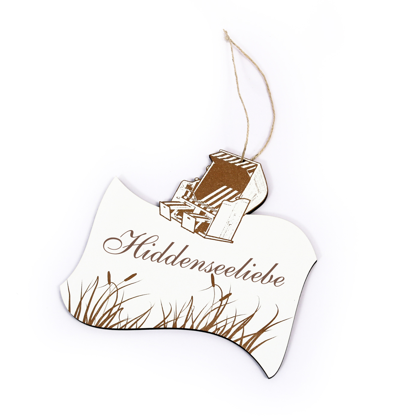 Maritimes Schild « HIDDENSEE LIEBE » mit Strandkorb und Schilf